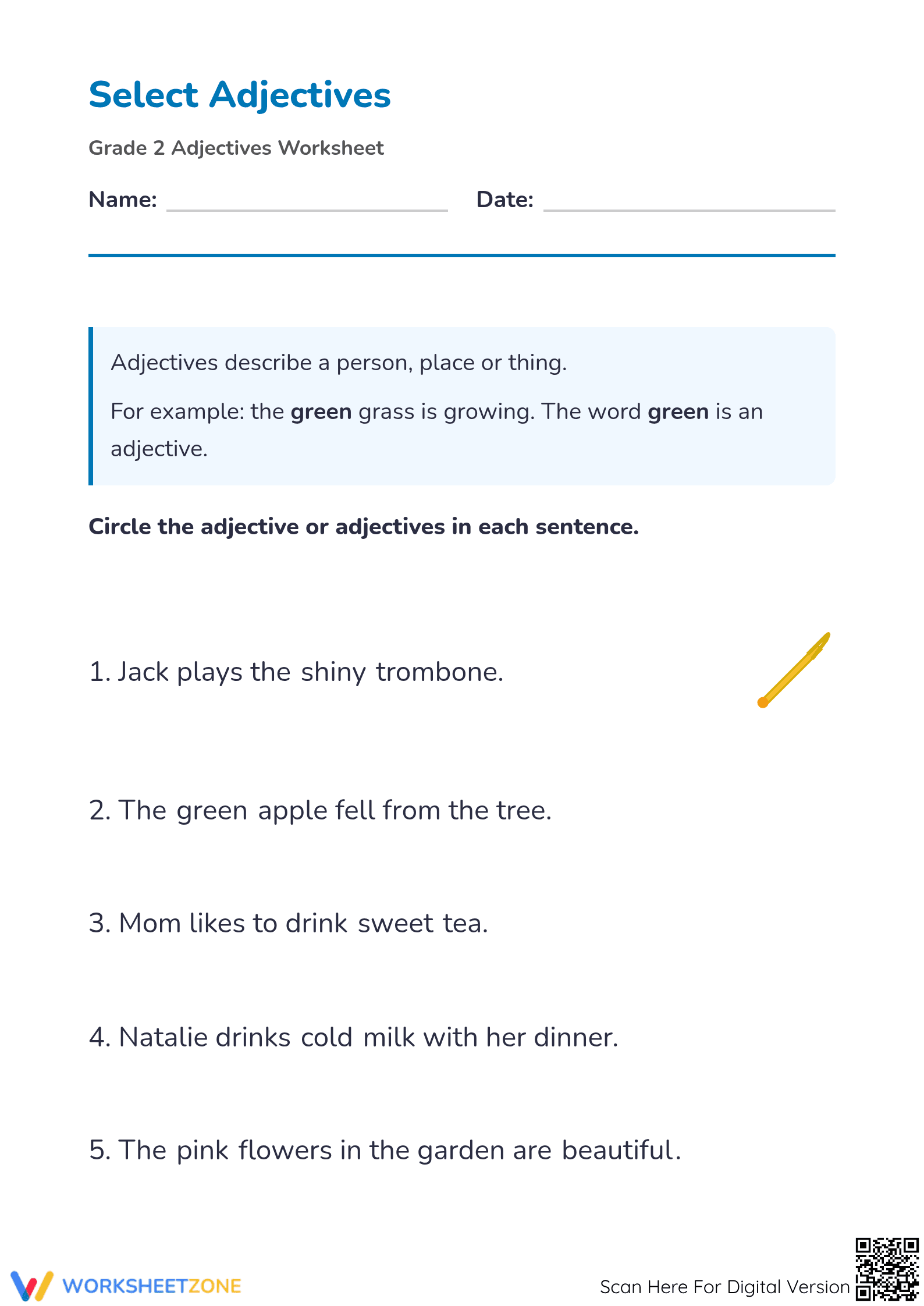 Printable Adjectives Worksheet | Grade 2 ELA Ready - Page 1