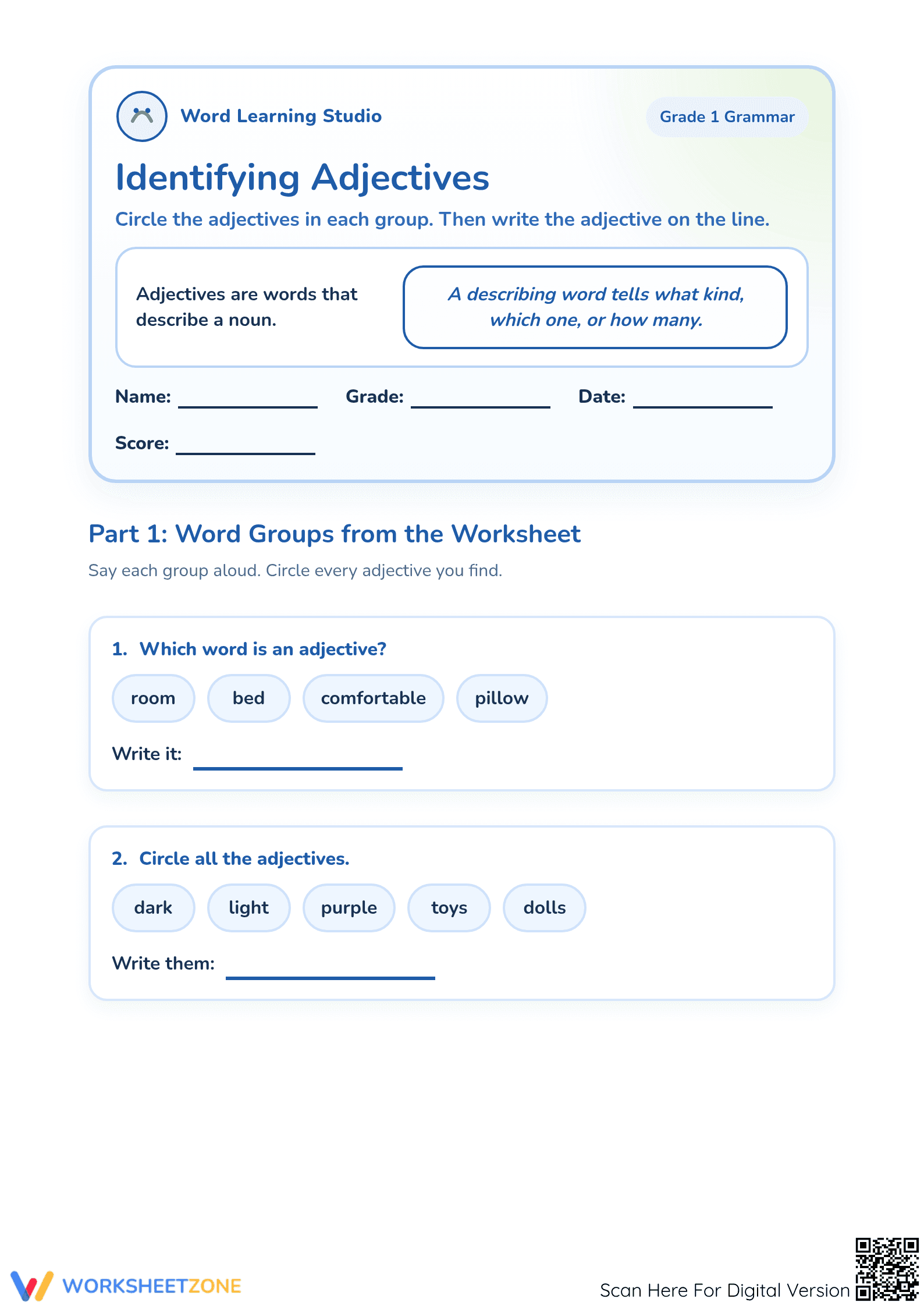 Identifying Adjectives Worksheet | Grade 1 Essential - Page 1