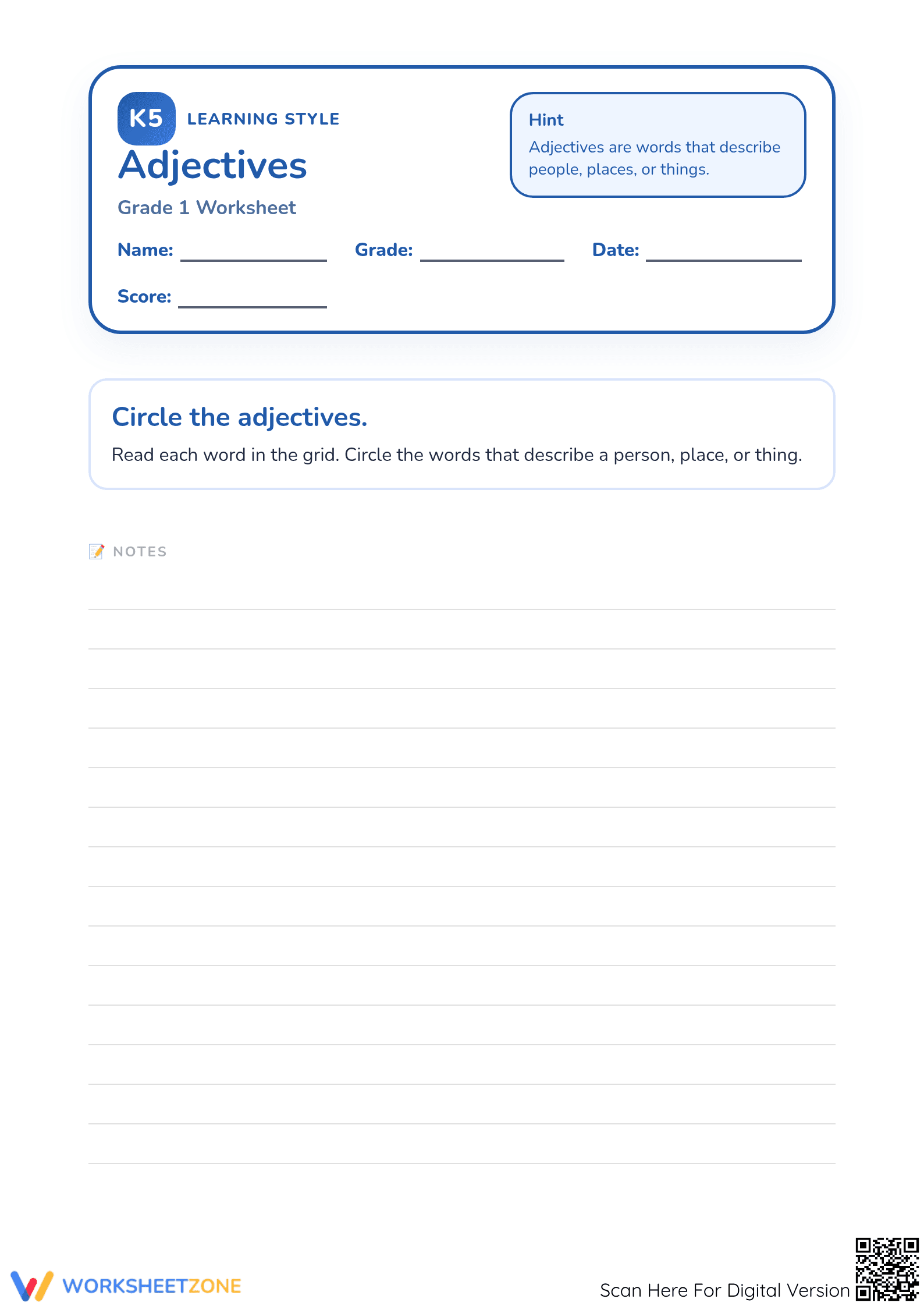Grade 1 Adjectives Worksheet | Essential Printable - Page 1