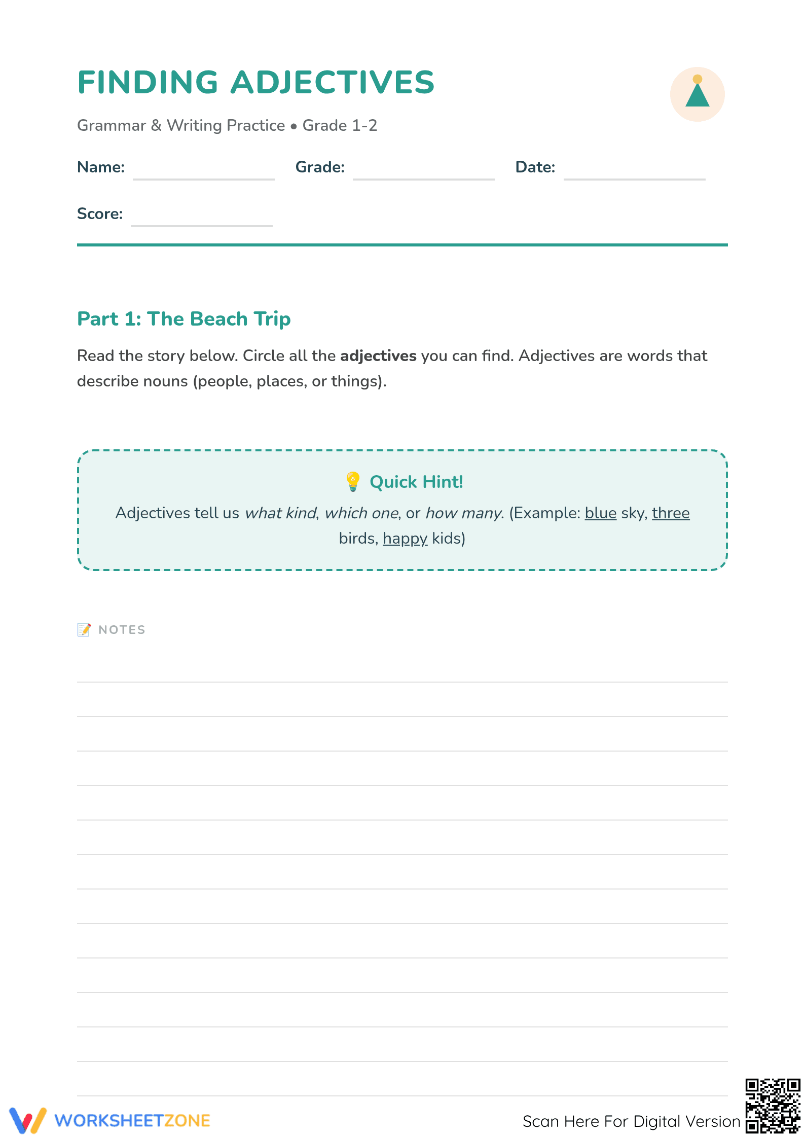 Finding Adjectives Worksheet | Grade 1-2 Essential - Page 1