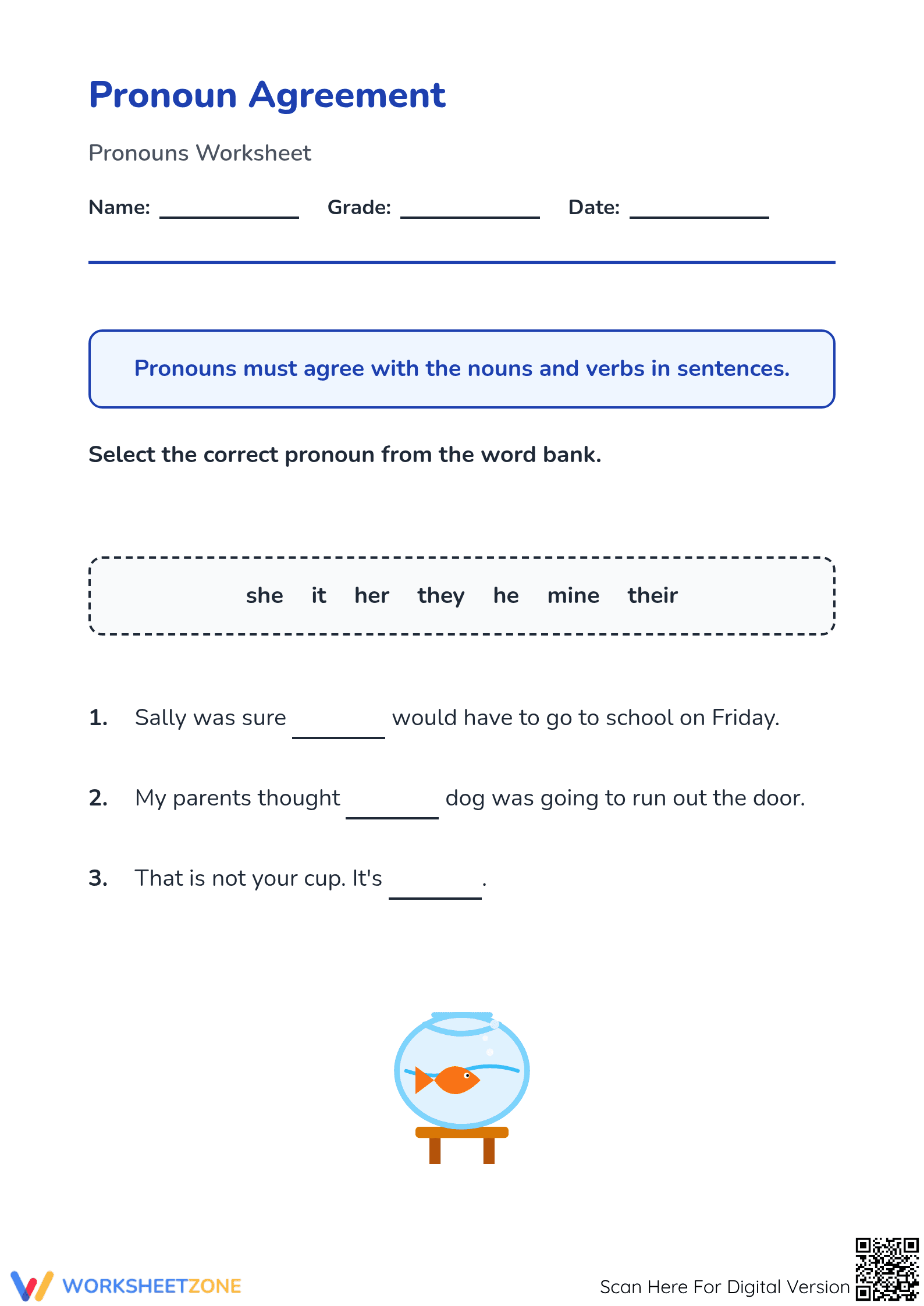 Grade 3 Pronoun Agreement — Printable No-Prep Worksheet - Page 1
