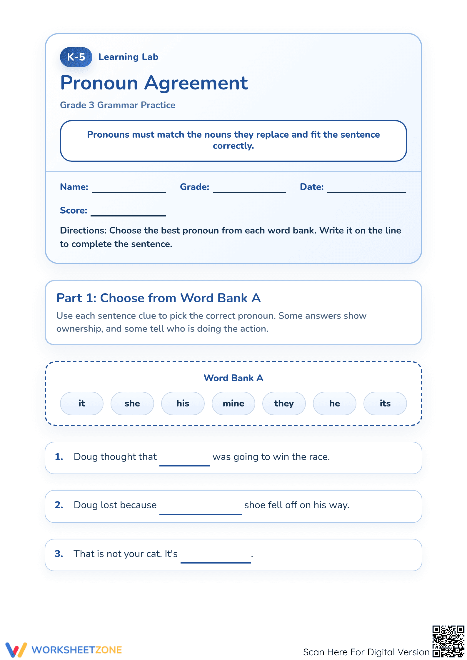 Essential Pronoun Agreement Practice | Grade 3 ELA - Page 1