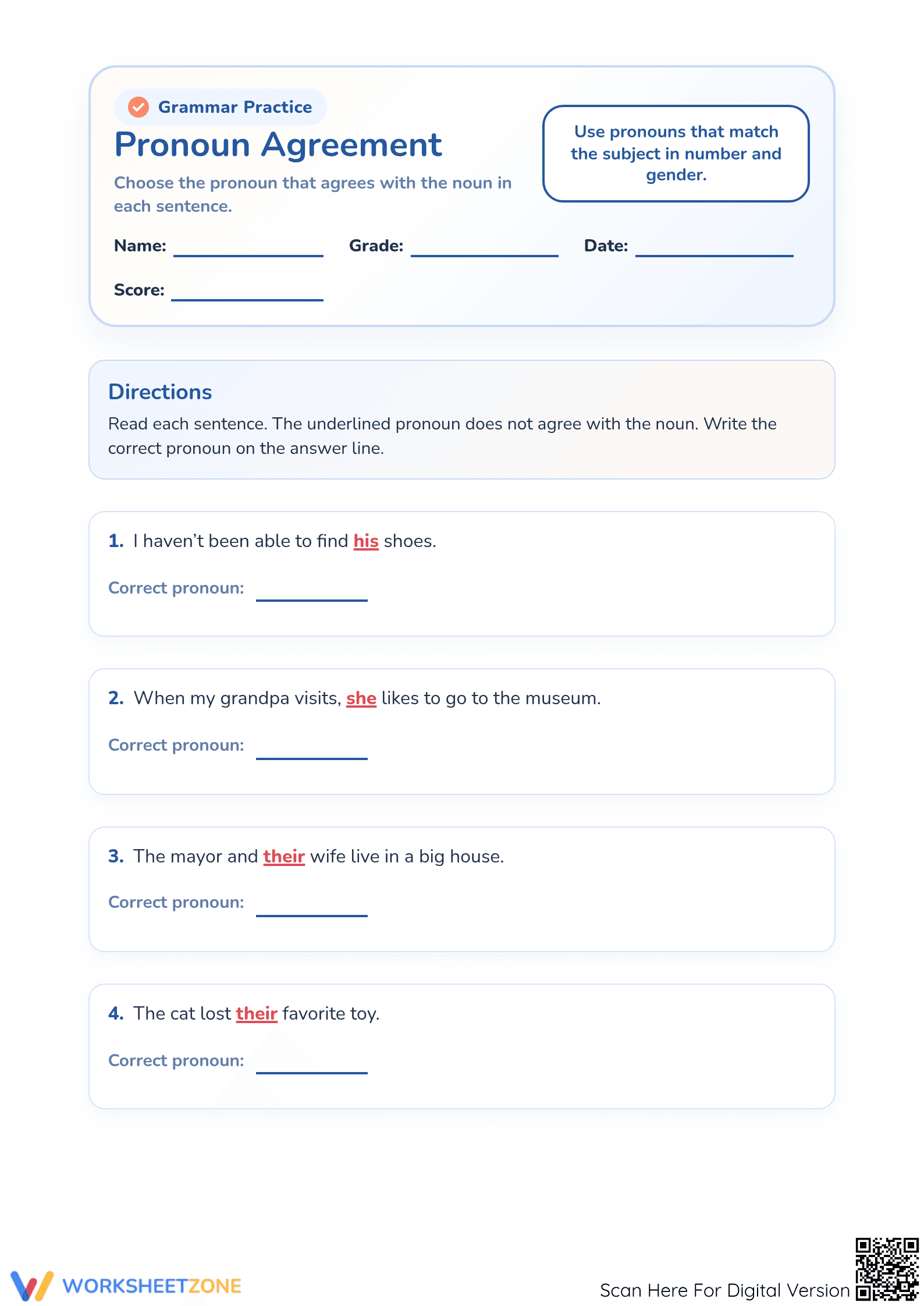 Essential Pronoun Agreement Worksheet | Grades 3-5 - Page 1