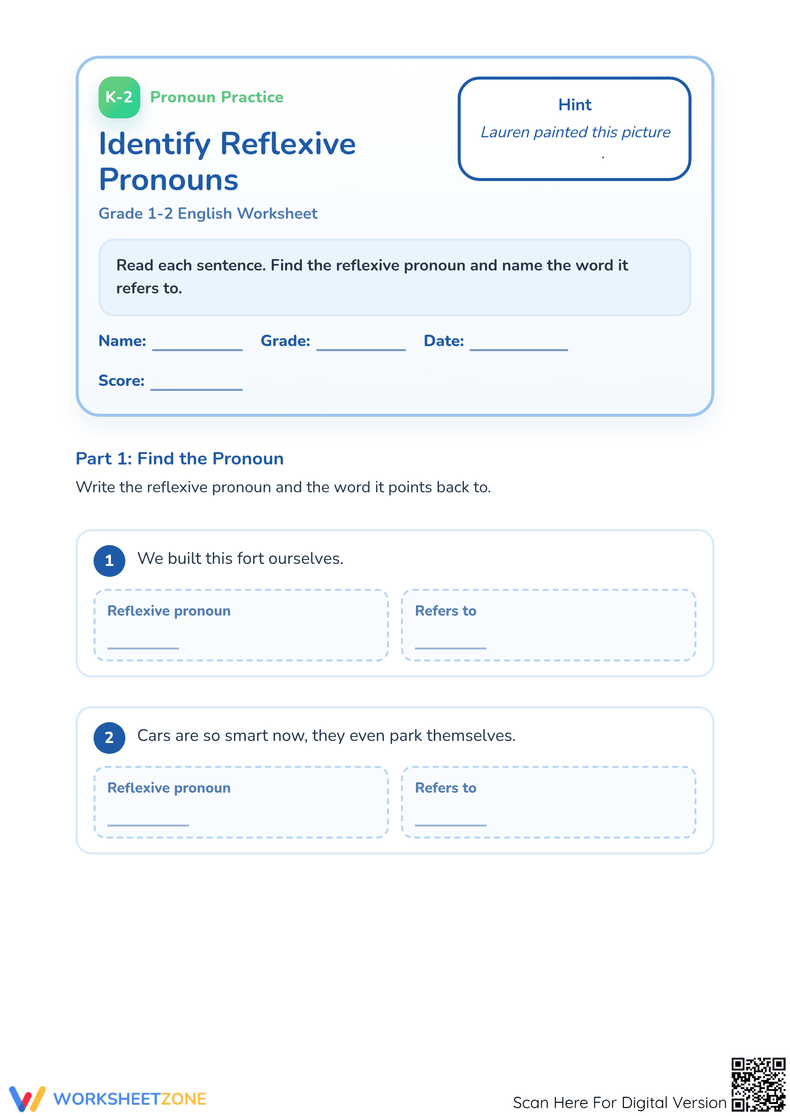 Grade 2 Reflexive Pronouns — Printable No-Prep Worksheet - Page 1