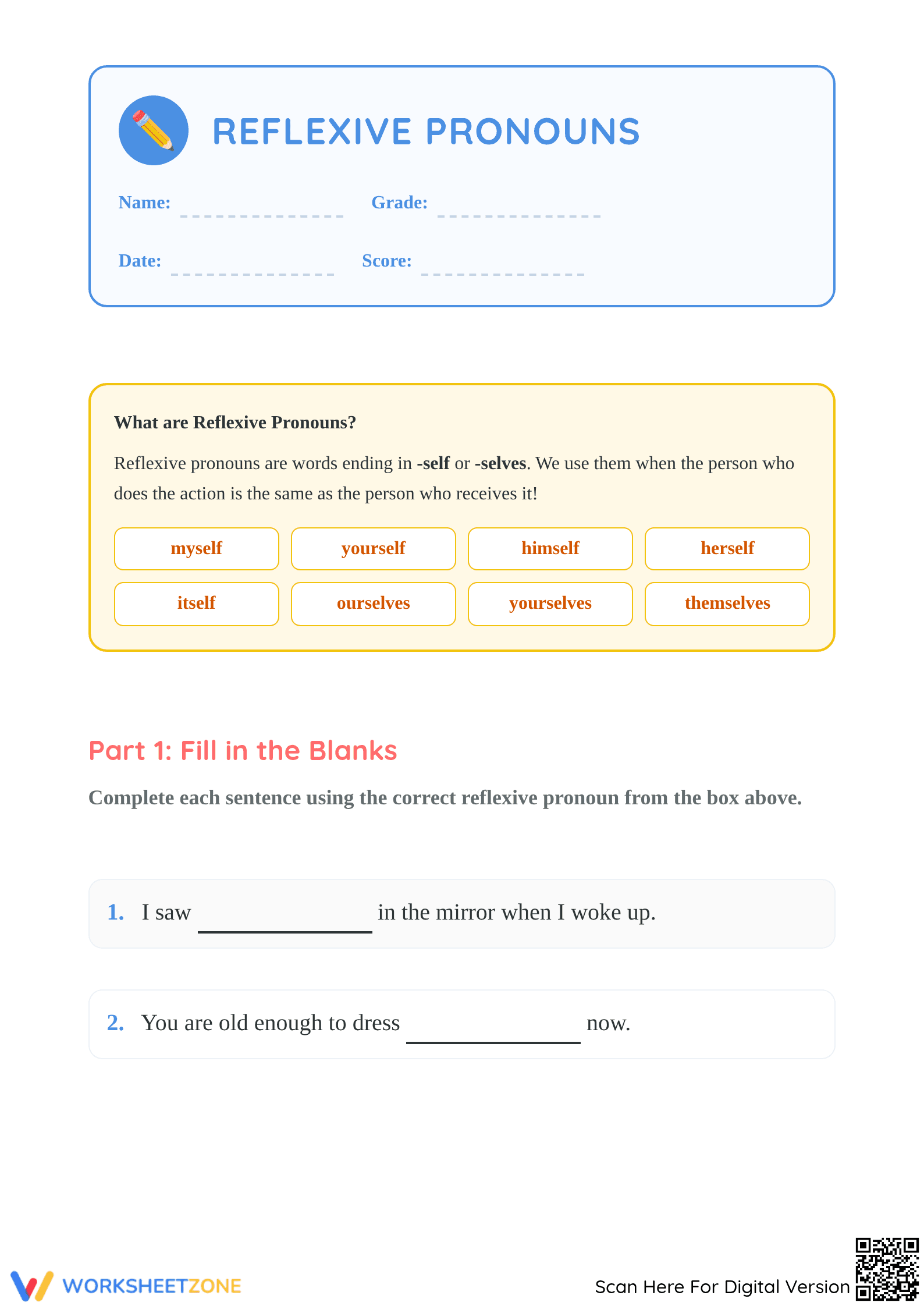 Reflexive Pronouns Worksheet | Grade 1 Essential ELA - Page 1