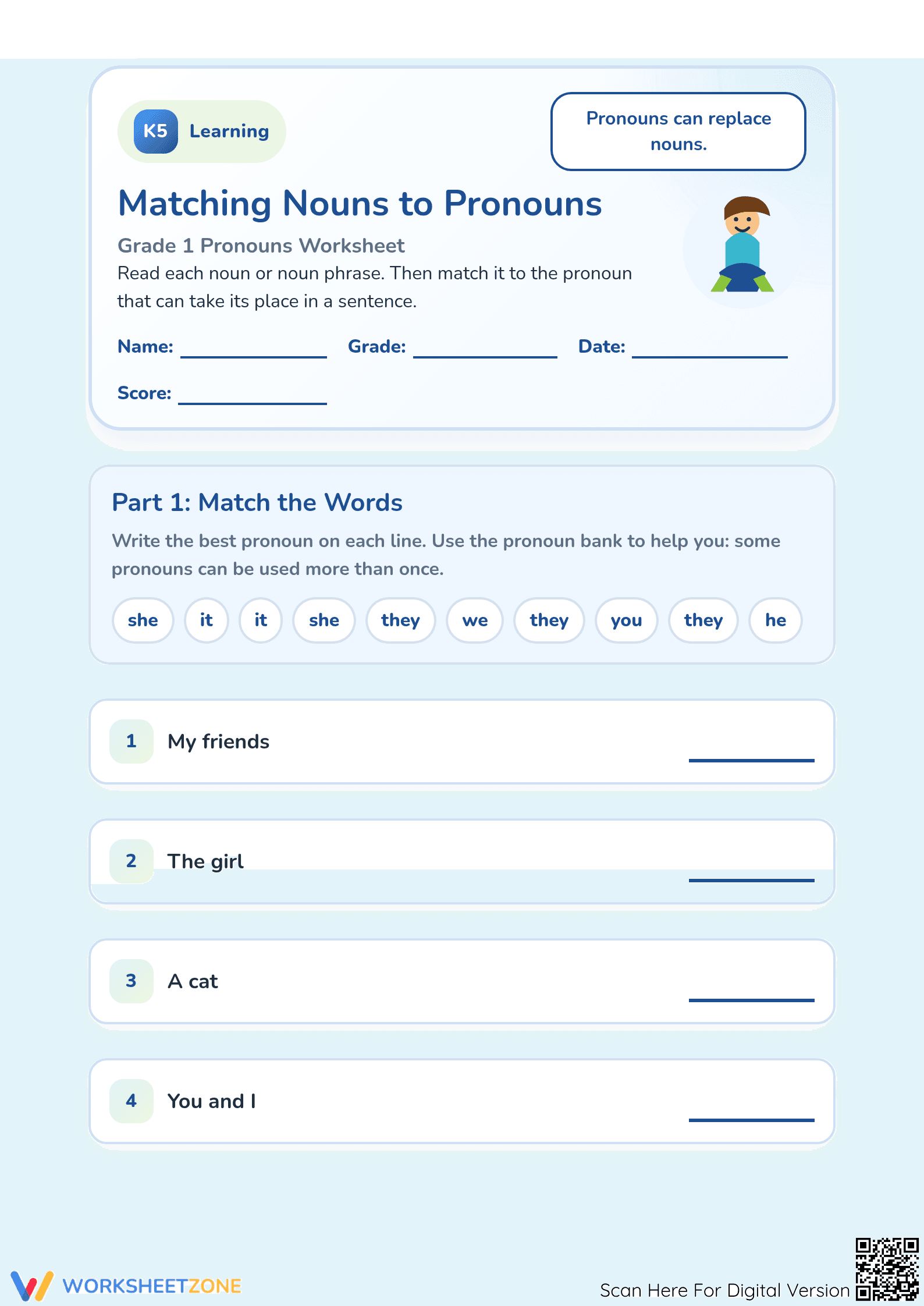 Grade 1 Pronouns — Printable No-Prep Worksheet - Page 1