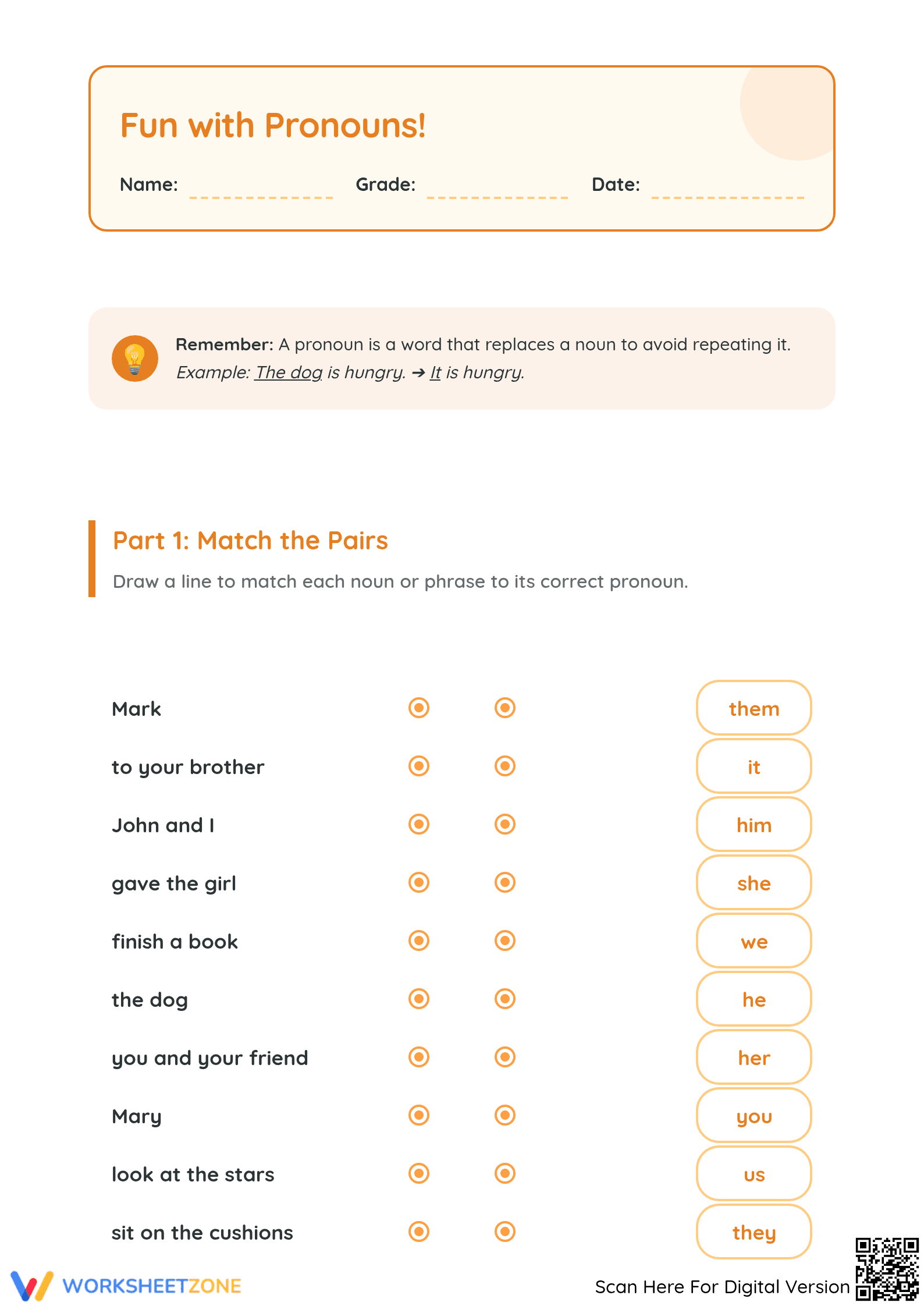 Grade 1-3 Pronouns Worksheet | Essential Printable Practice - Page 1