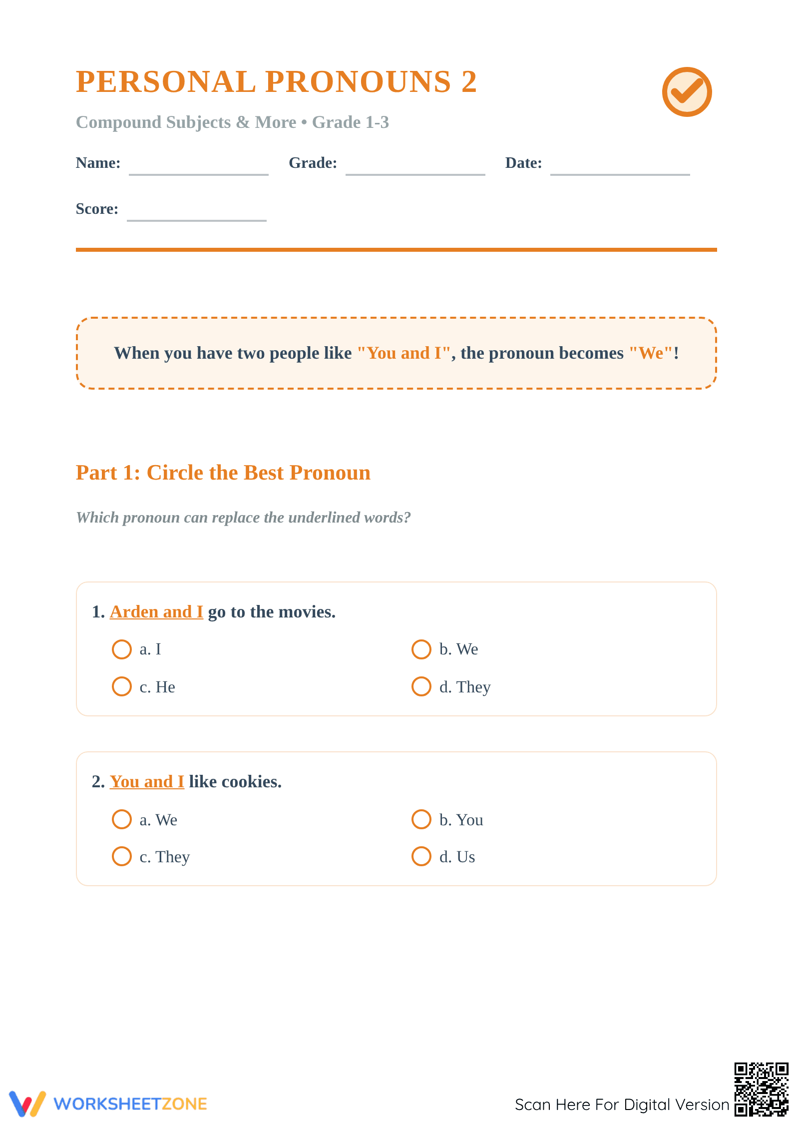 Personal Pronouns Worksheet | Grade 1-3 Printable - Page 1