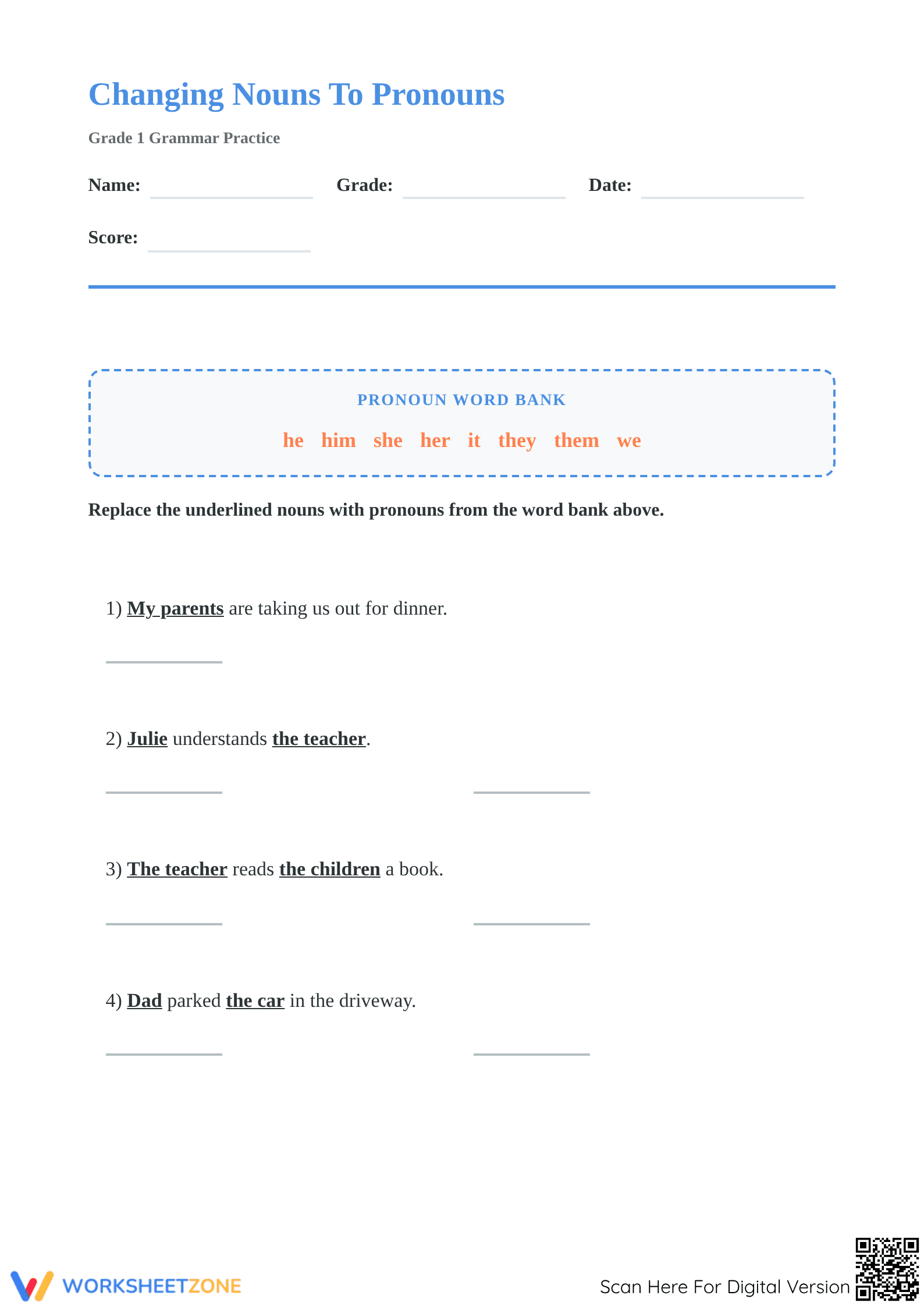 Changing Nouns to Pronouns | Printable Grade 1 ELA - Page 1