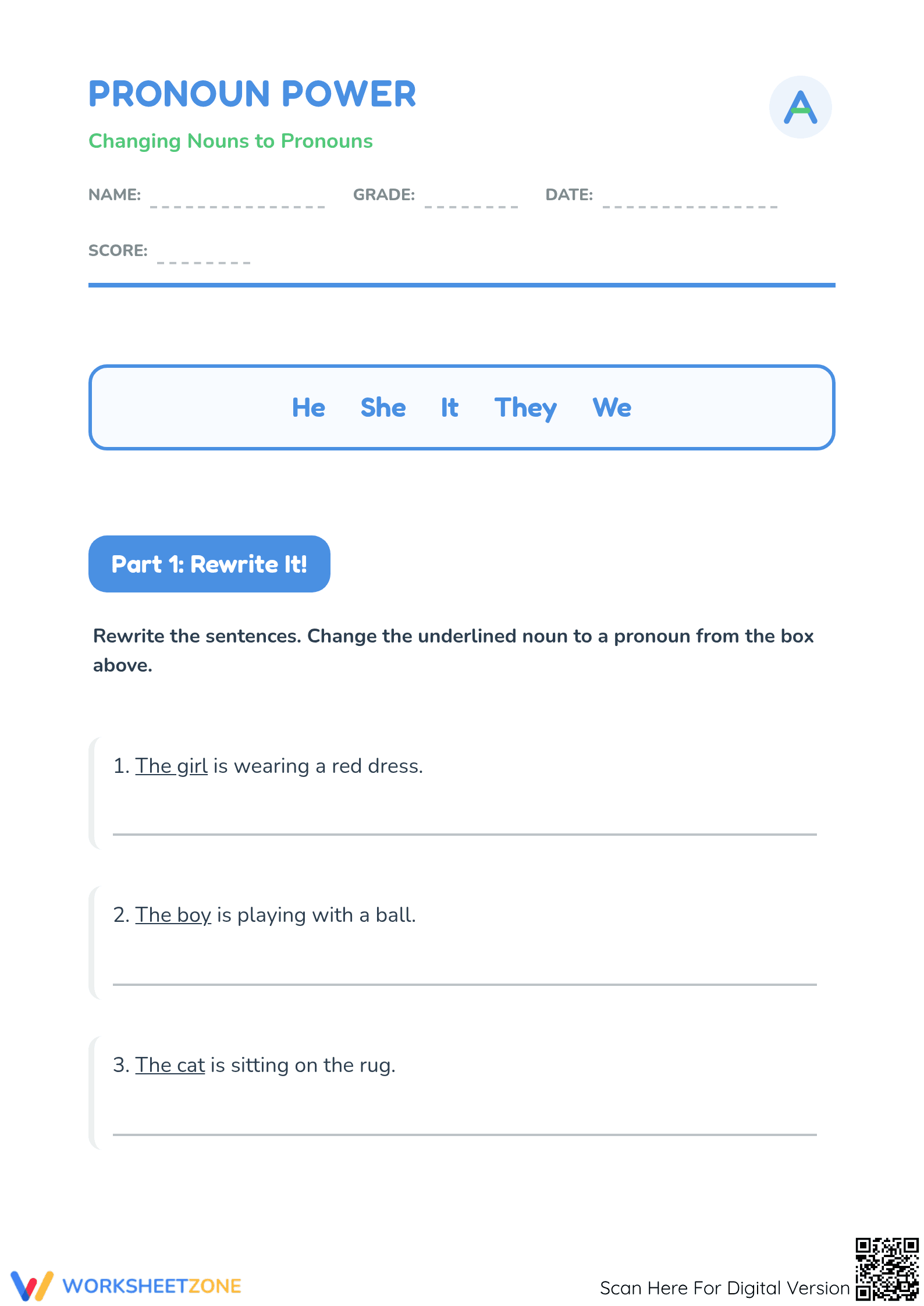 Changing Nouns to Pronouns Worksheet | Grade 1 Essential - Page 1