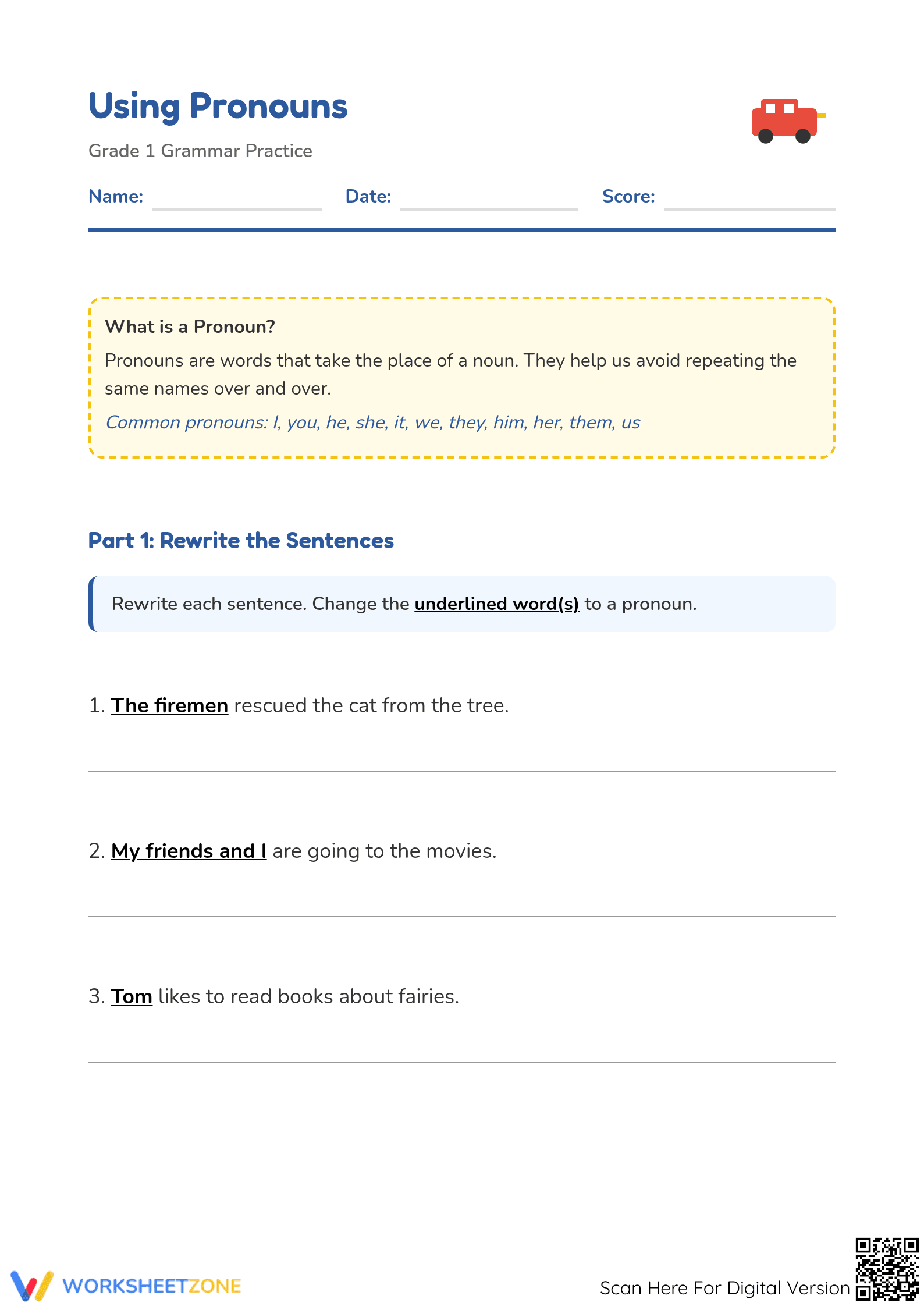 Using Pronouns Worksheet | Grade 1 ELA Printable - Page 1
