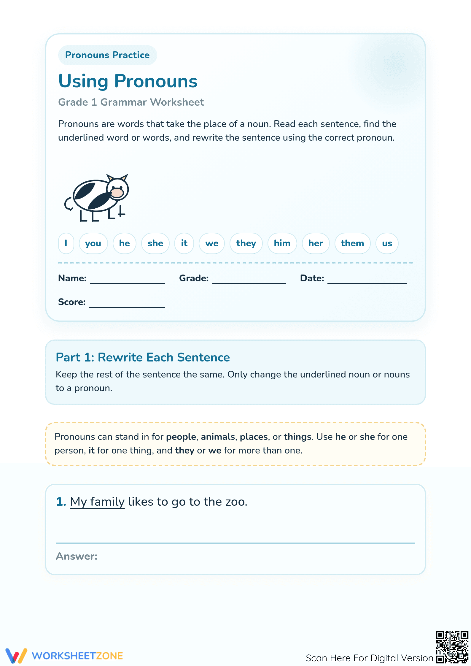 Essential Pronouns Practice Worksheet | Grade 1 ELA - Page 1