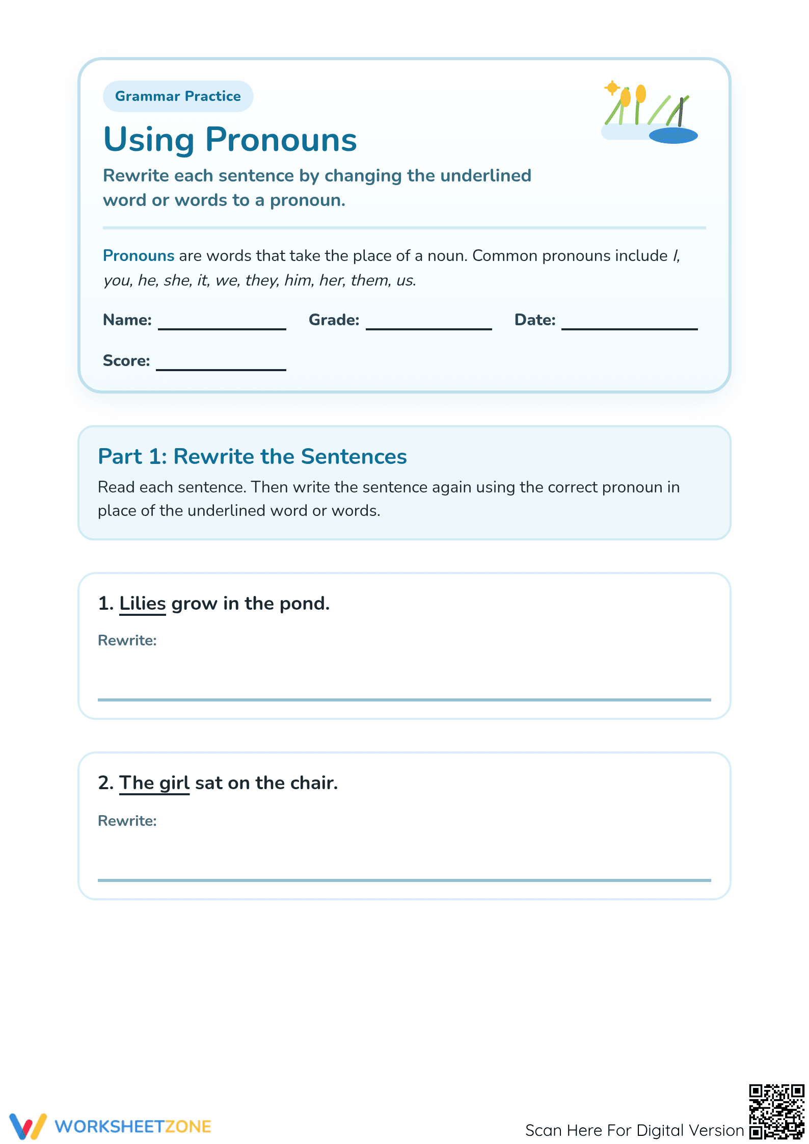 Grade 1 Using Pronouns Worksheet — Essential Grammar - Page 1