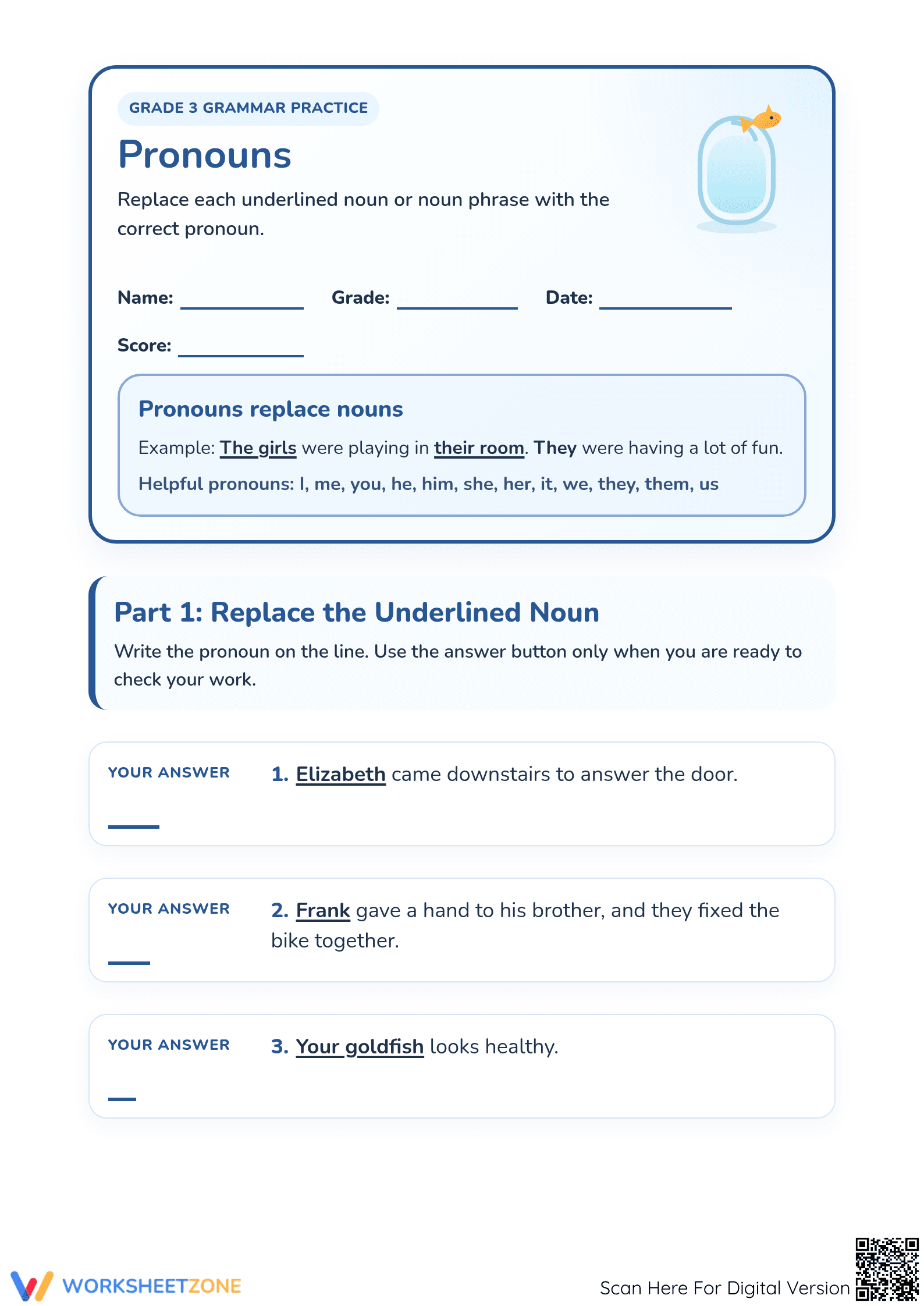 Pronouns Practice Worksheet | Grade 3 Essential - Page 1