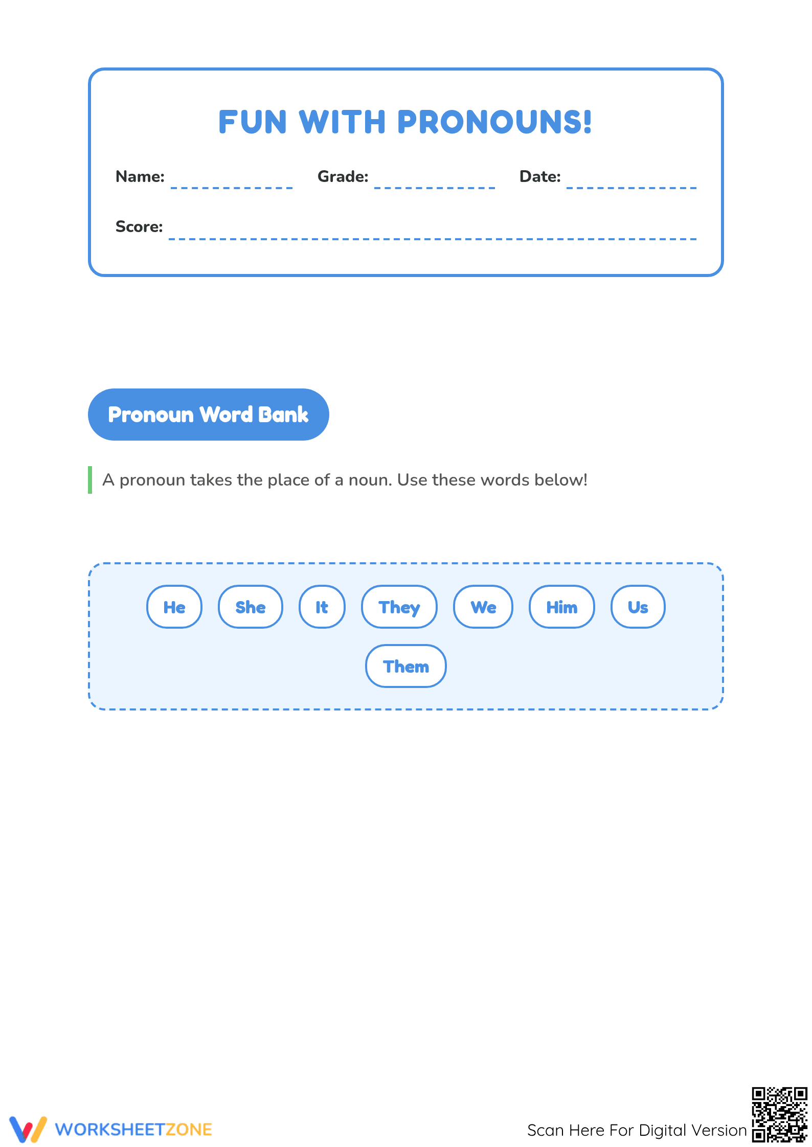 Grade 1 Nouns to Pronouns — Printable No-Prep Worksheet - Page 1