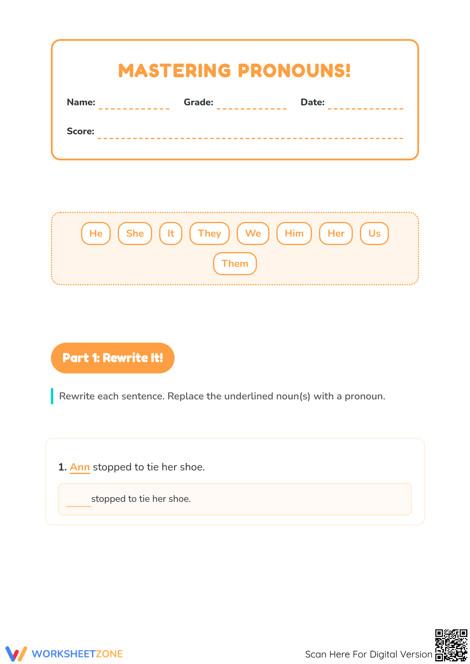 Grade 1 Pronouns Worksheet — Essential Printable Practice - Page 1