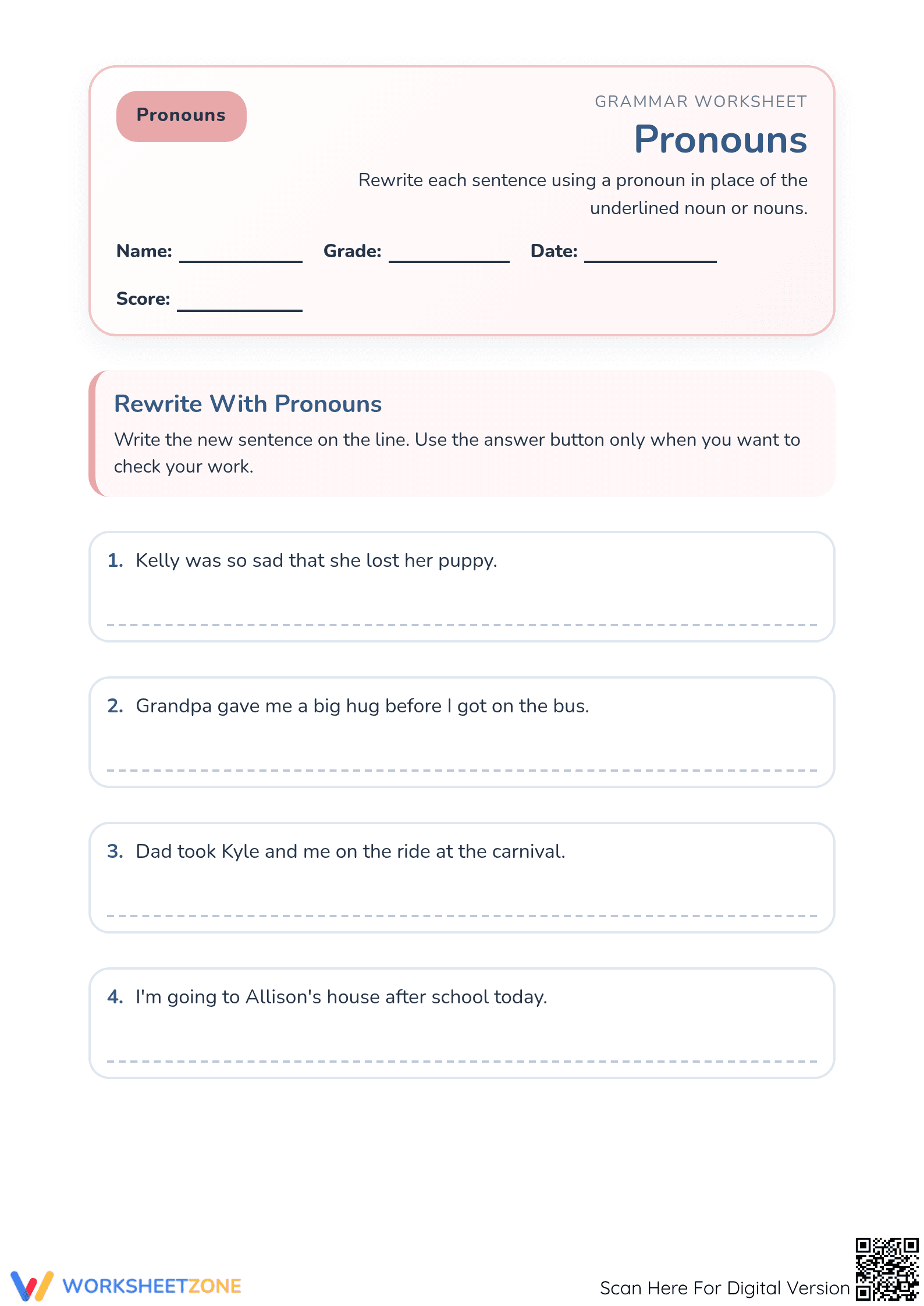 Grade 1 Nouns to Pronouns — Printable Grammar Worksheet - Page 1