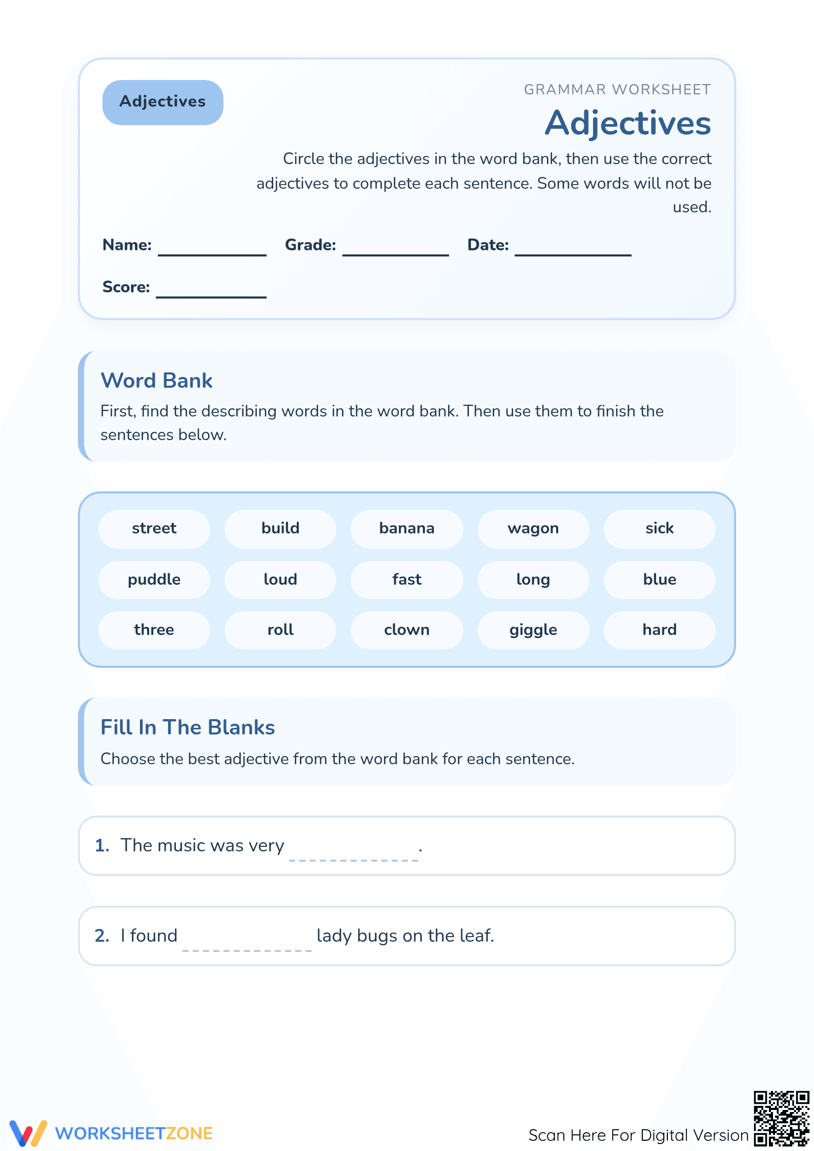 Grade 1 Adjectives — Printable No-Prep Worksheet - Page 1