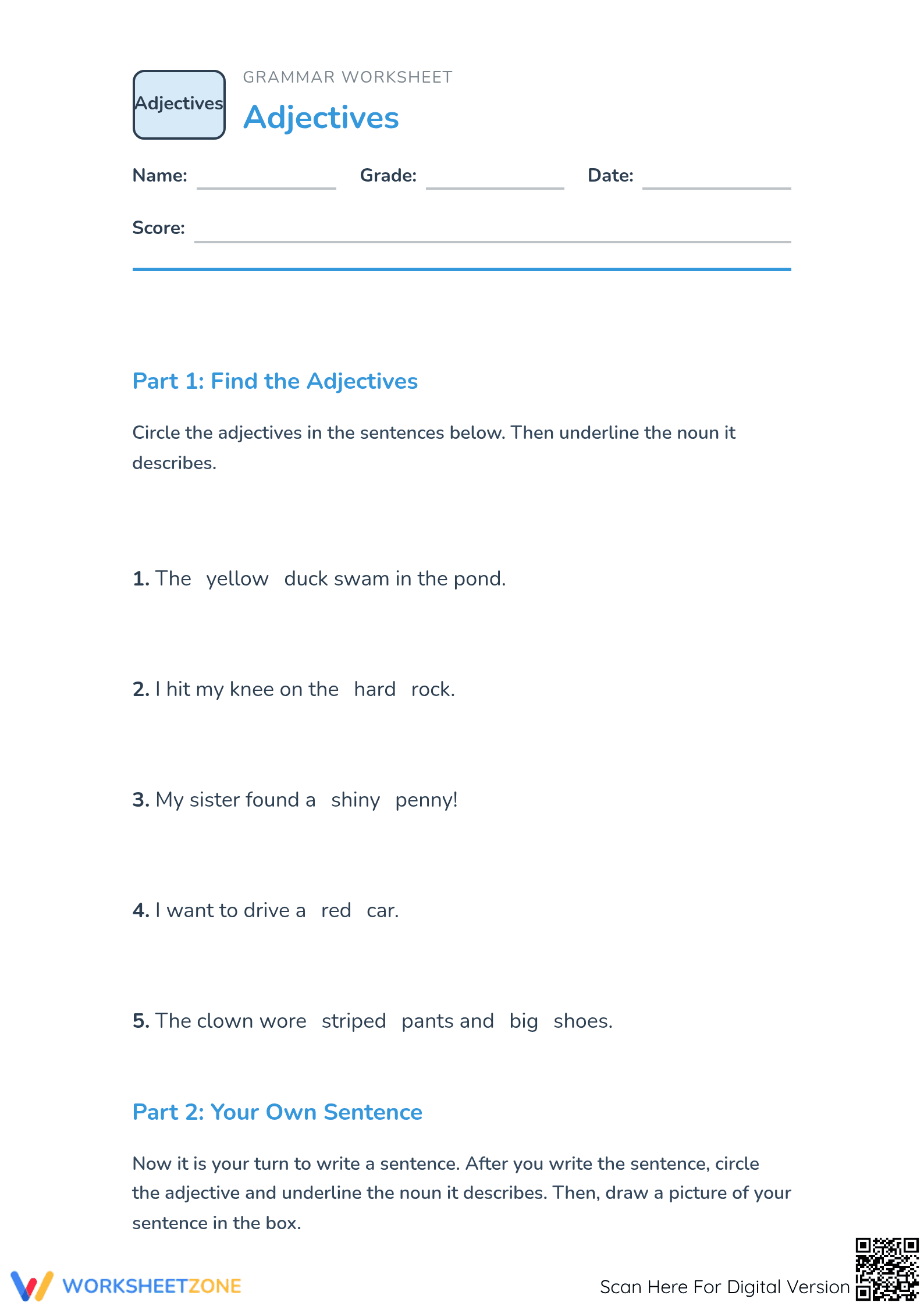 Grade 1 Adjectives Worksheet — Printable No-Prep Practice - Page 1