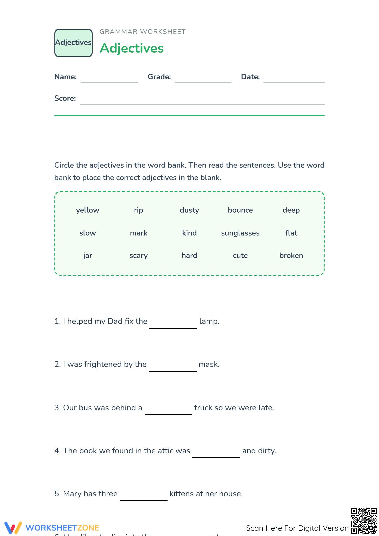 Essential Adjectives Practice | Grade 1 ELA Worksheet - Page 1