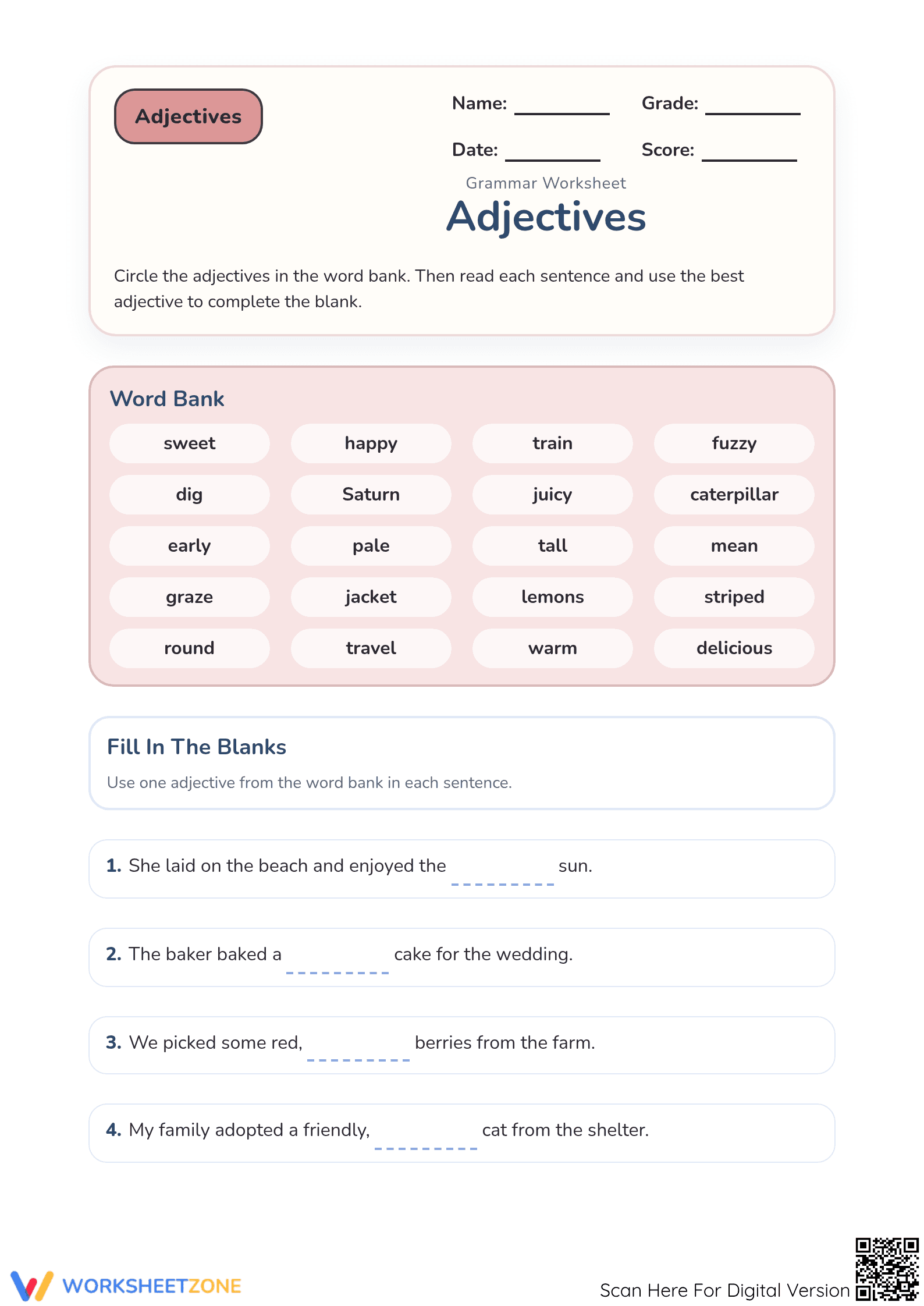 Grade 1 Adjectives — Printable No-Prep Worksheet - Page 1