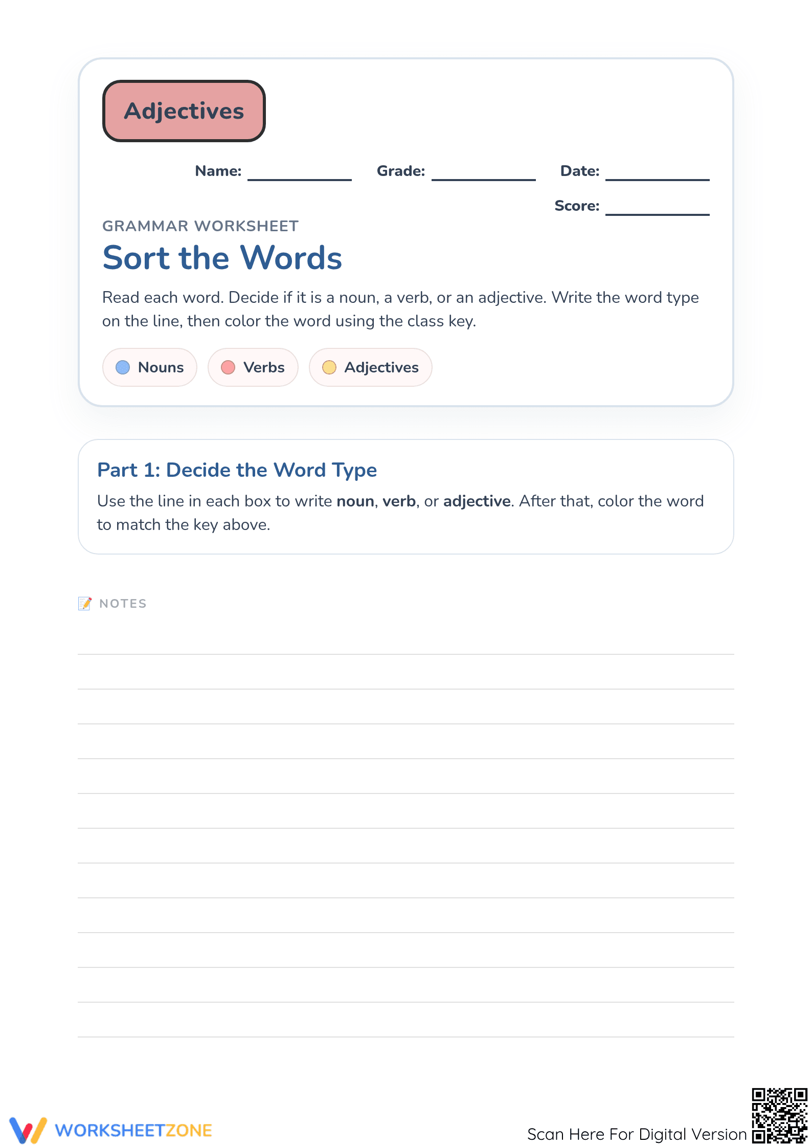 Essential Parts of Speech Sorting Worksheet | Grade 1-3 ELA - Page 1