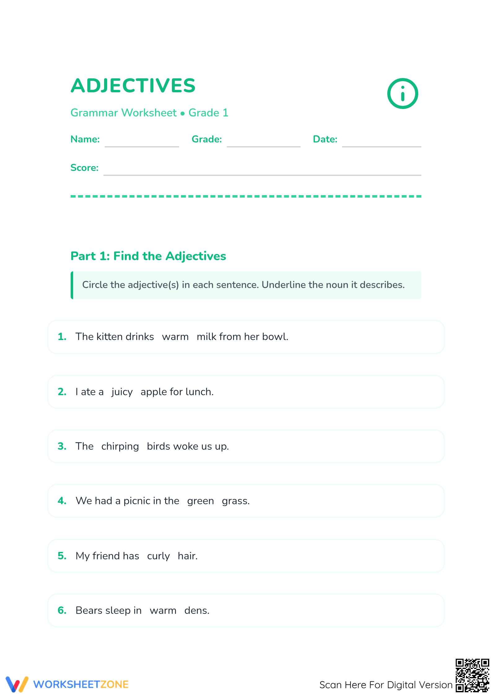 Adjectives Practice Worksheet | Grade 1 Essential - Page 1