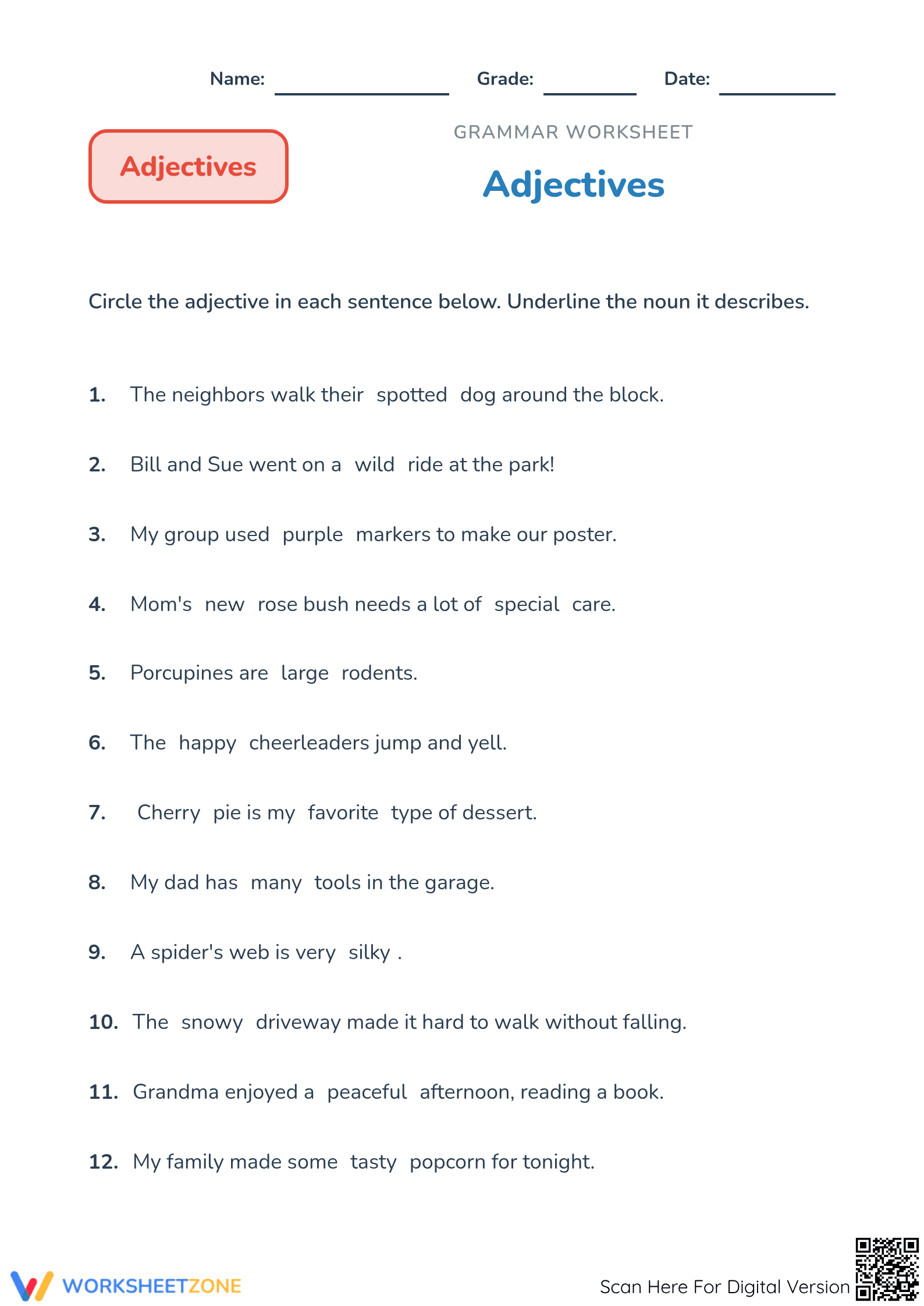 Identify Adjectives Worksheet | Grade 1 Essential ELA - Page 1