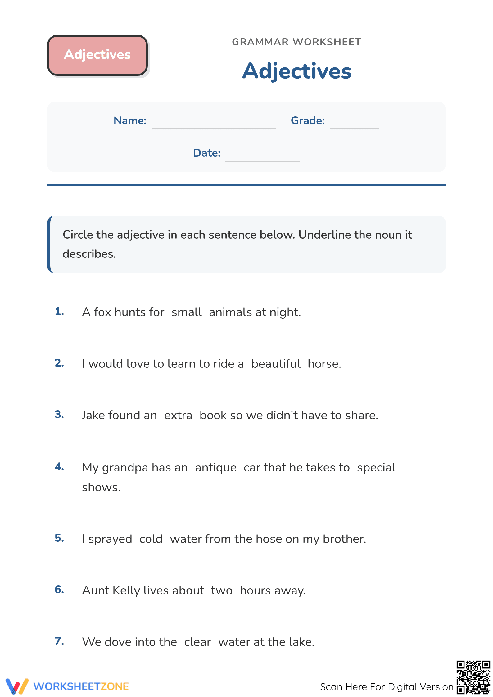 Identify Adjectives Worksheet | Grade 1 Essential Grammar - Page 1