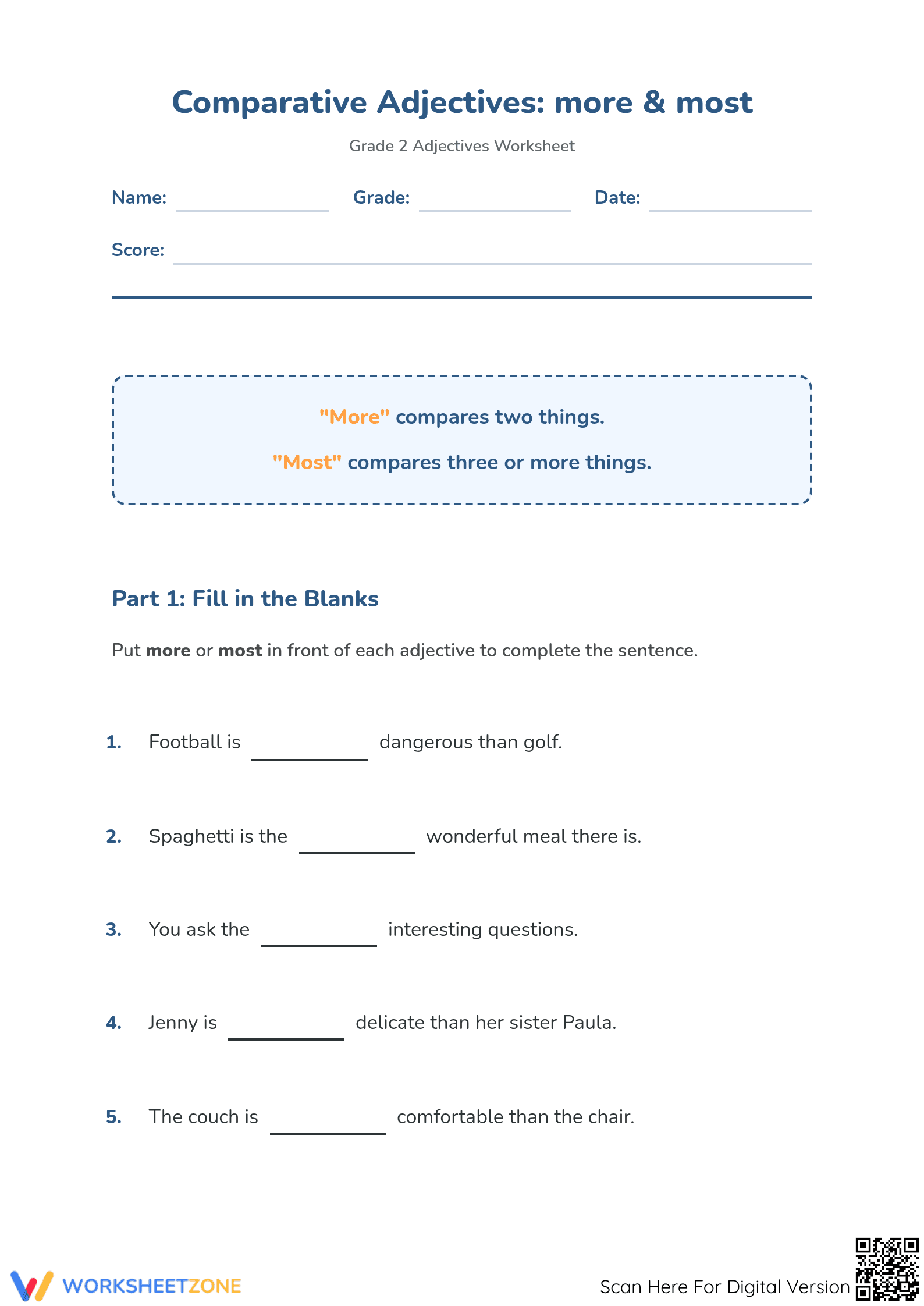 More & Most Adjectives Worksheet | Grade 2 ELA Printable - Page 1