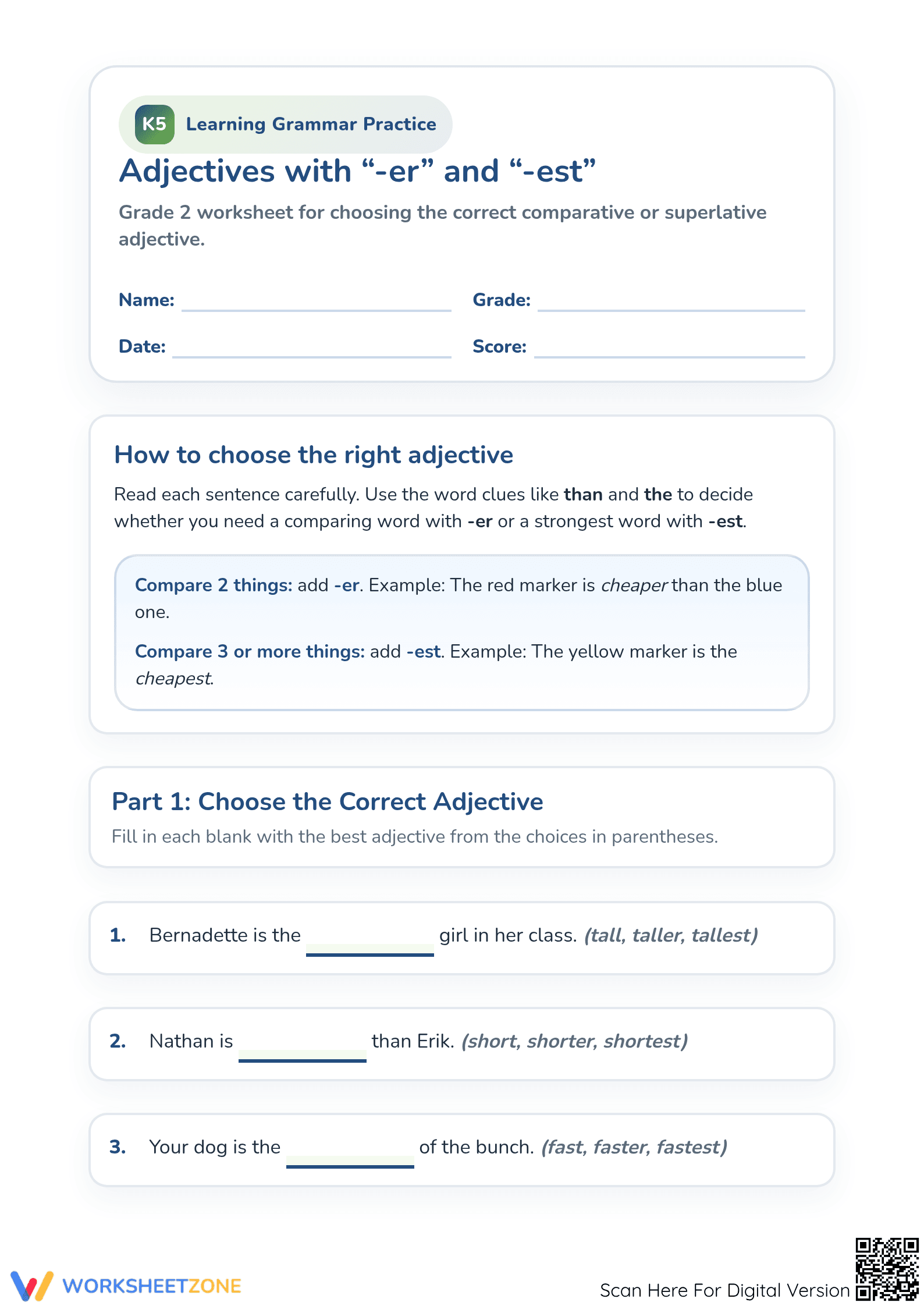 Grade 2 Adjectives: Essential -er and -est Practice - Page 1