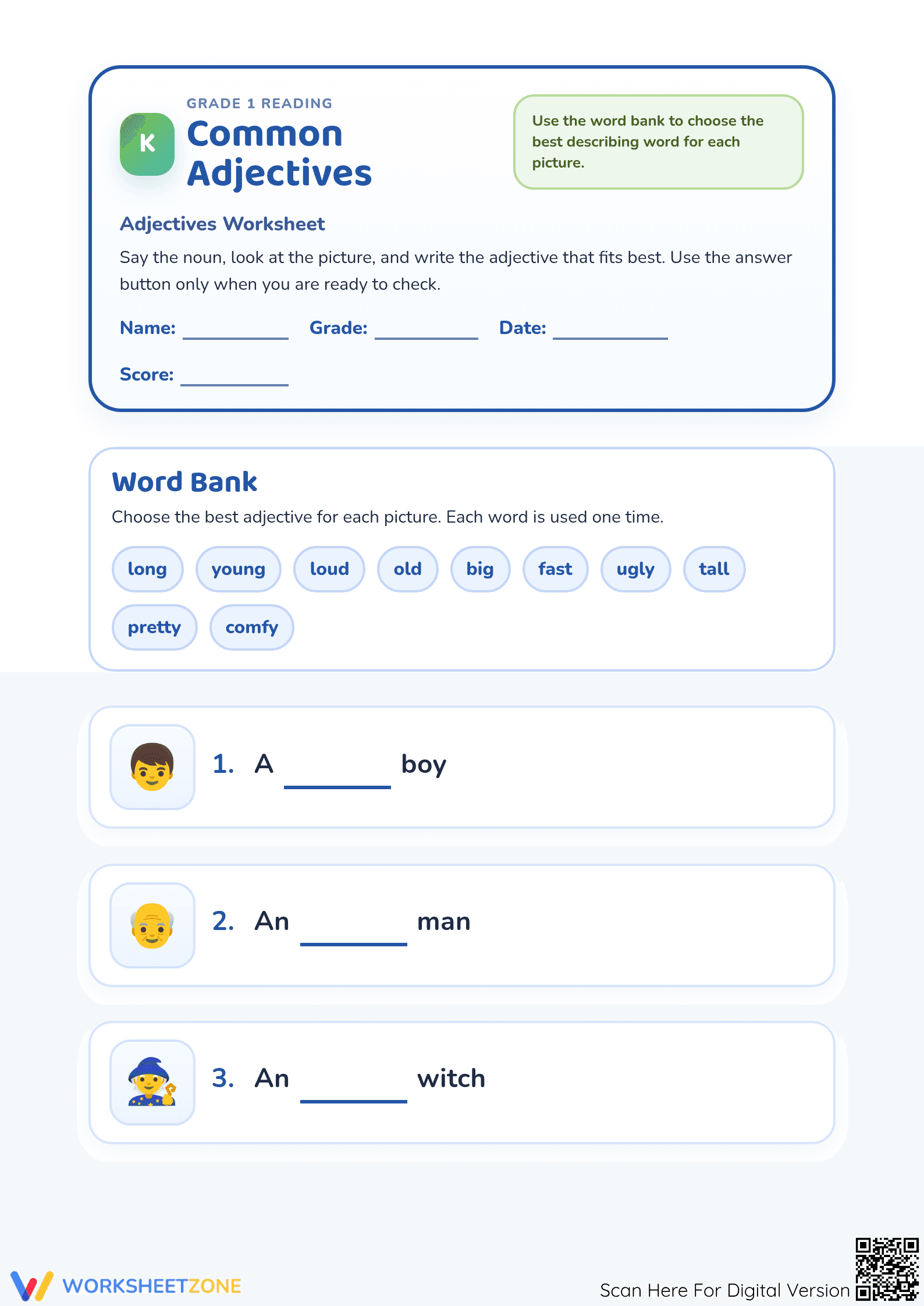 Grade 1 Common Adjectives — Printable No-Prep Worksheet - Page 1