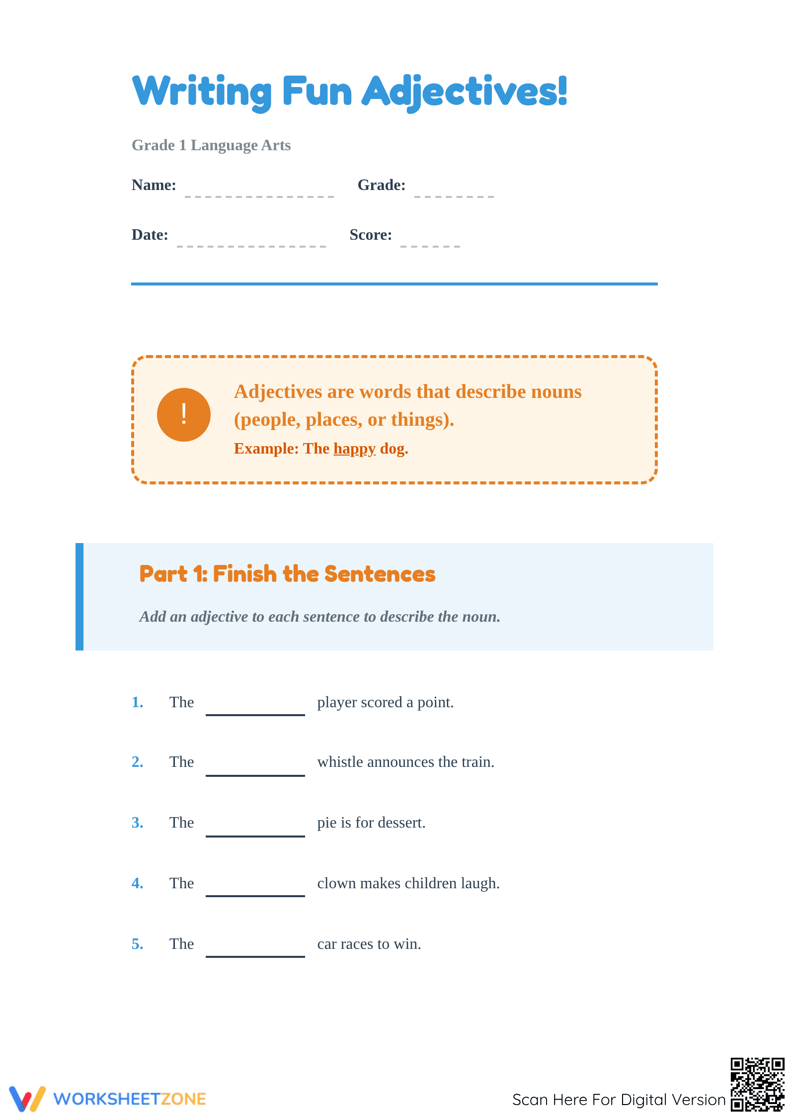 Adjective Practice Worksheet | Grade 1 Essential ELA - Page 1