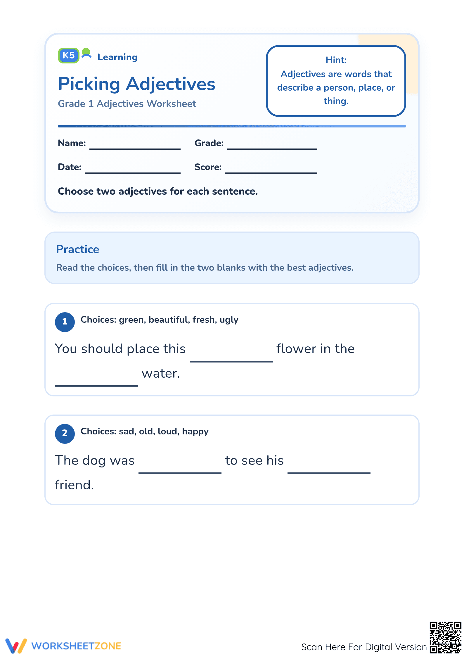 Grade 1 Adjectives — Printable No-Prep Worksheet - Page 1