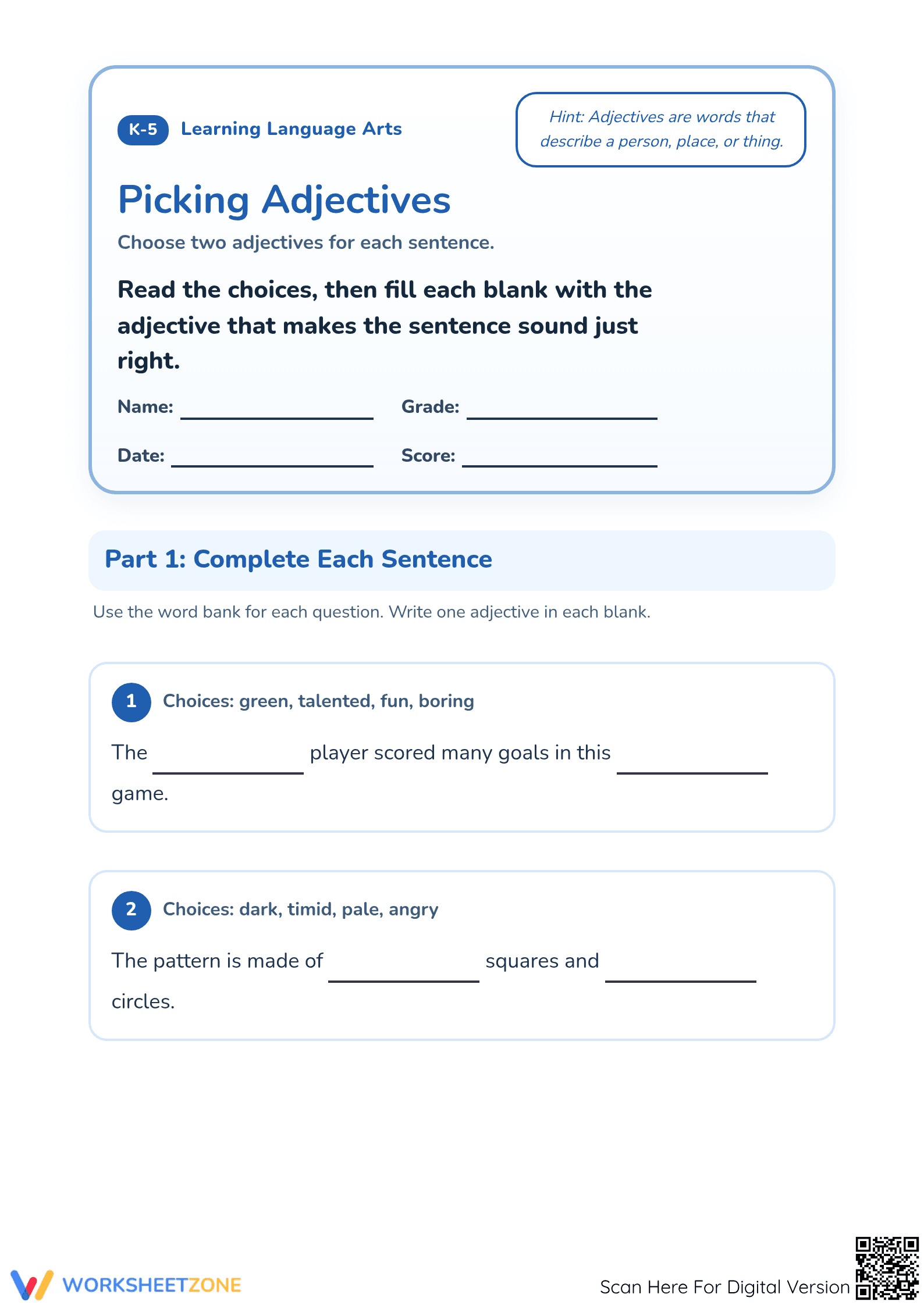 Essential Grade 1 Adjectives — Printable No-Prep Worksheet - Page 1
