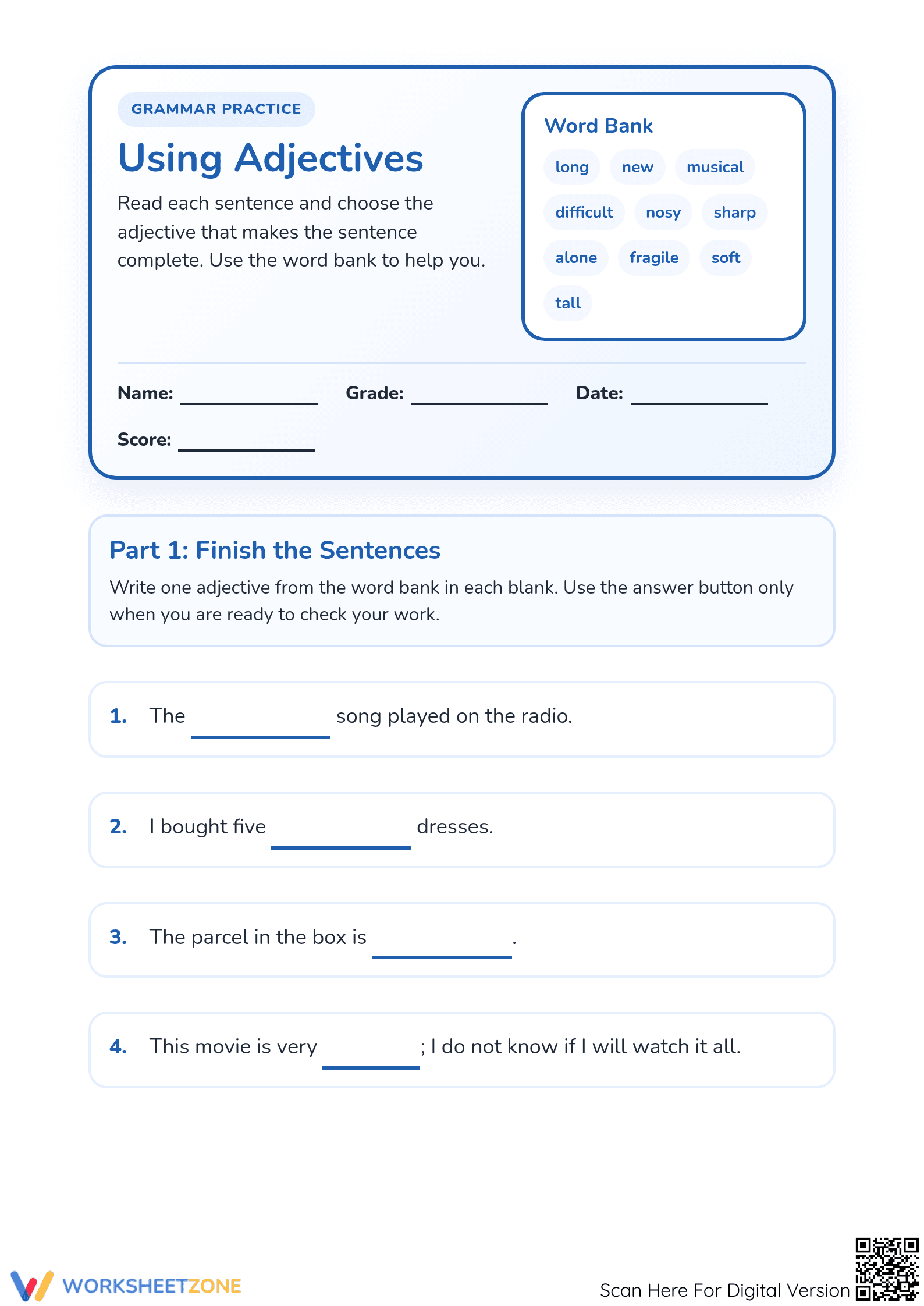 Grade 1 Using Adjectives — Printable No-Prep Worksheet - Page 1