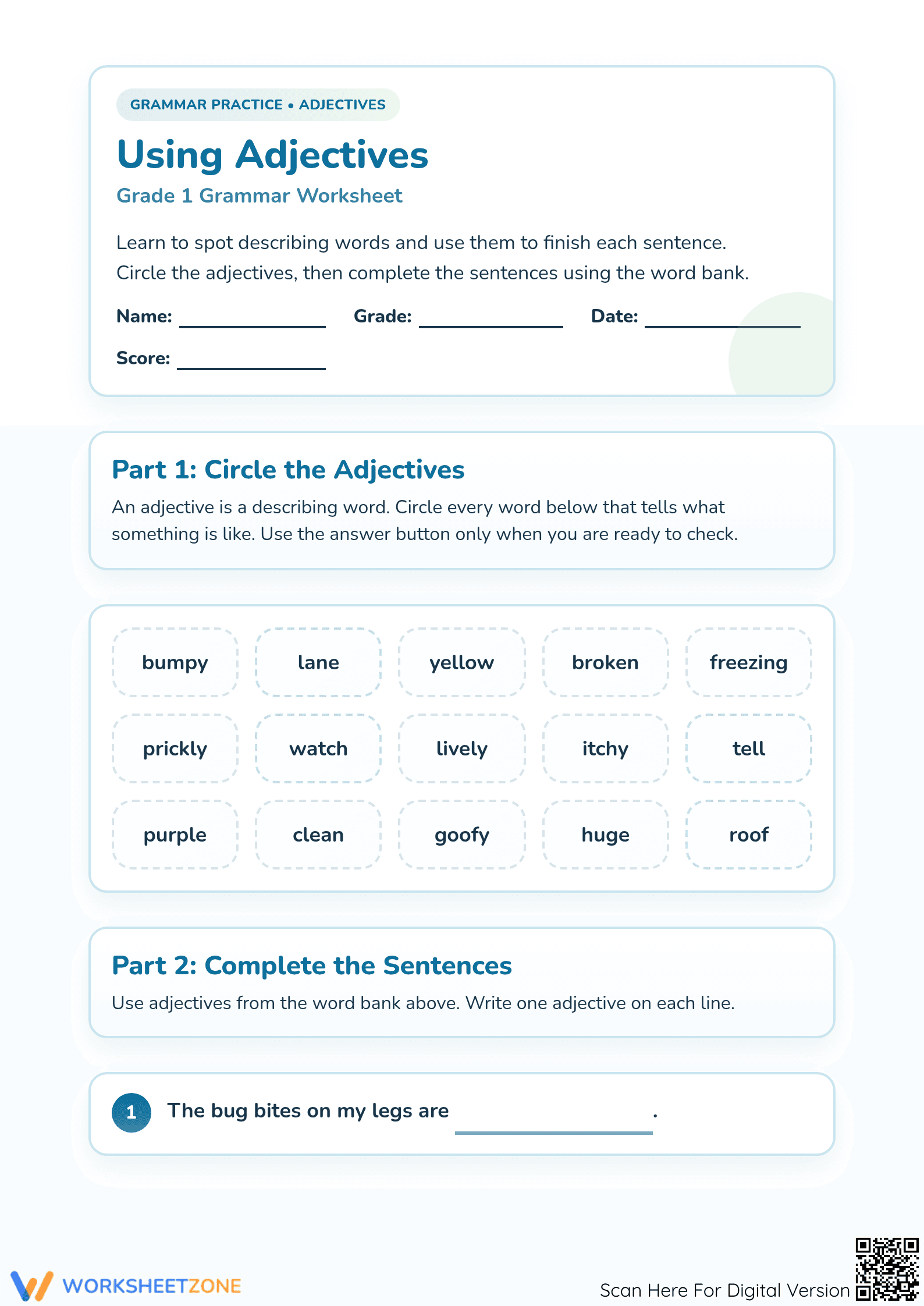 Grade 1 Adjectives — Printable No-Prep Worksheet - Page 1
