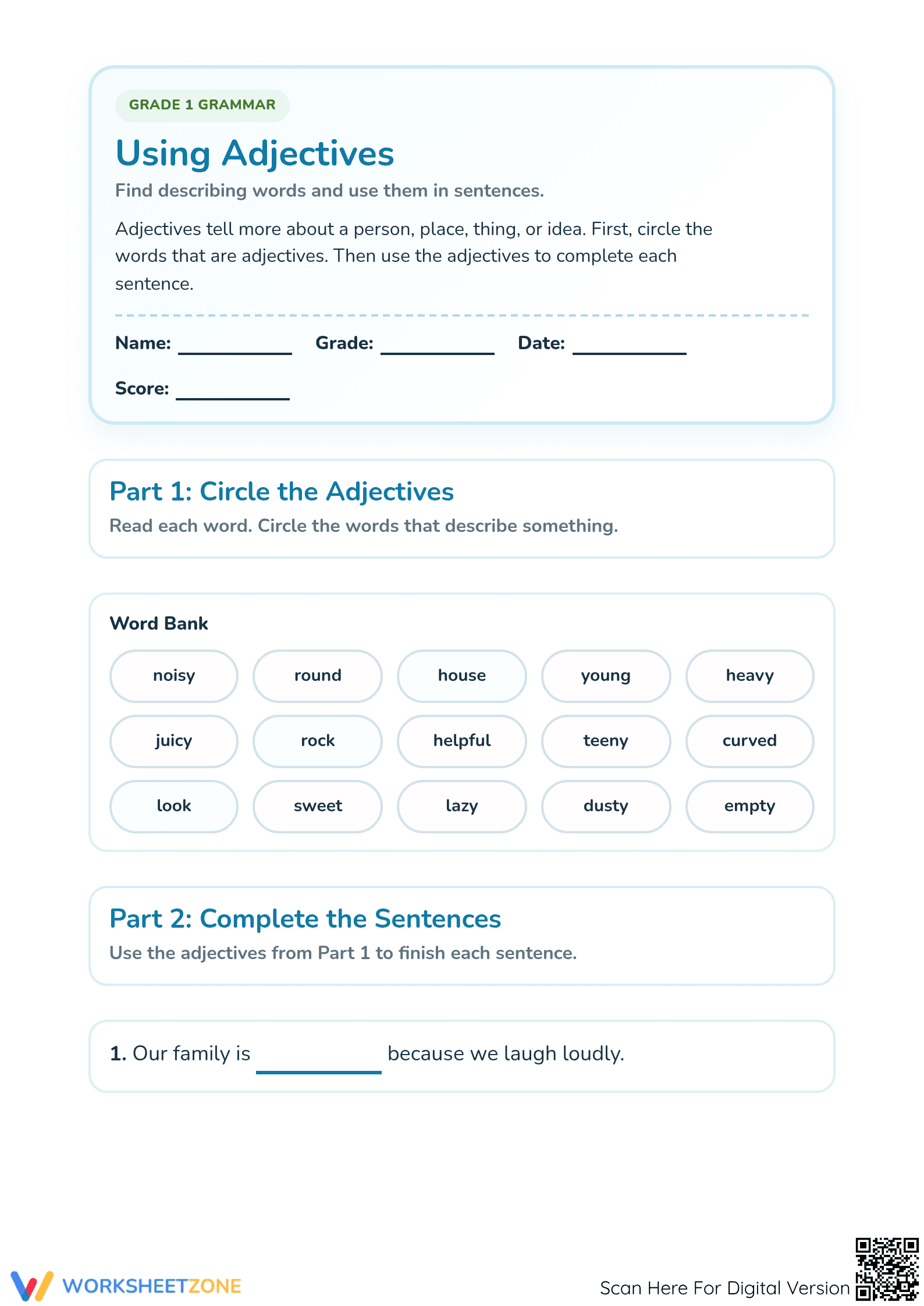Grade 1 Adjectives — Printable No-Prep Worksheet - Page 1
