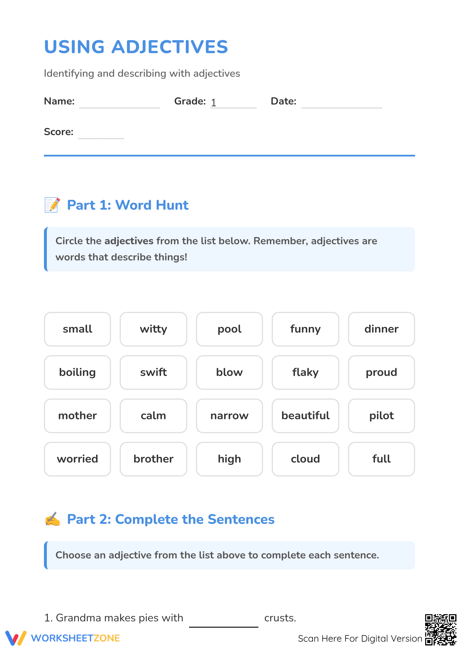 Essential Adjectives Practice | Grade 1 ELA - Page 1