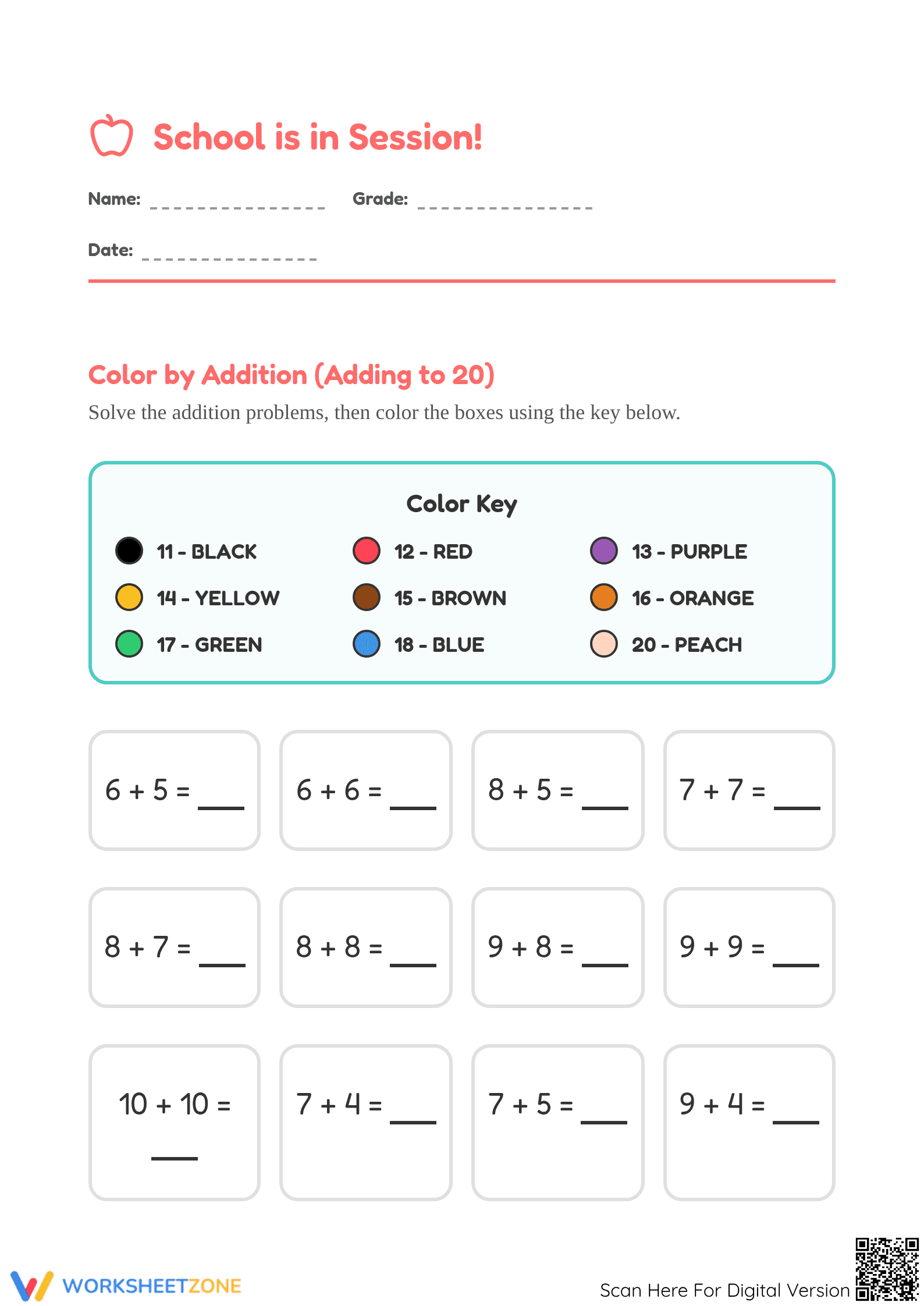 Printable Adding to 20 Worksheet: School is in Session - Page 1