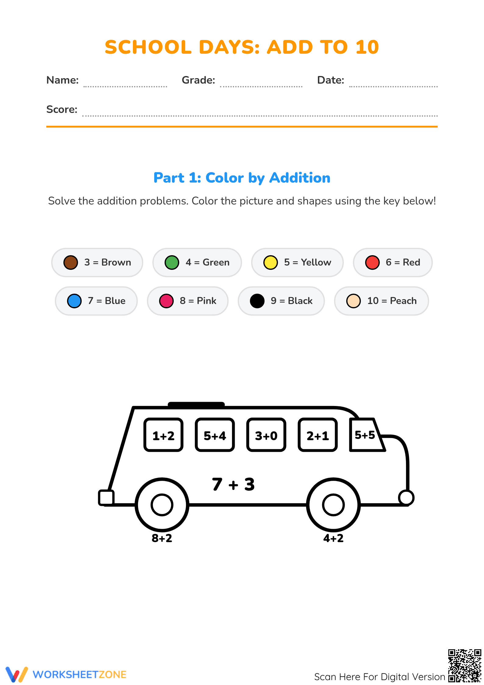 Essential School Days: Adding to 10 Printable Worksheet - Page 1