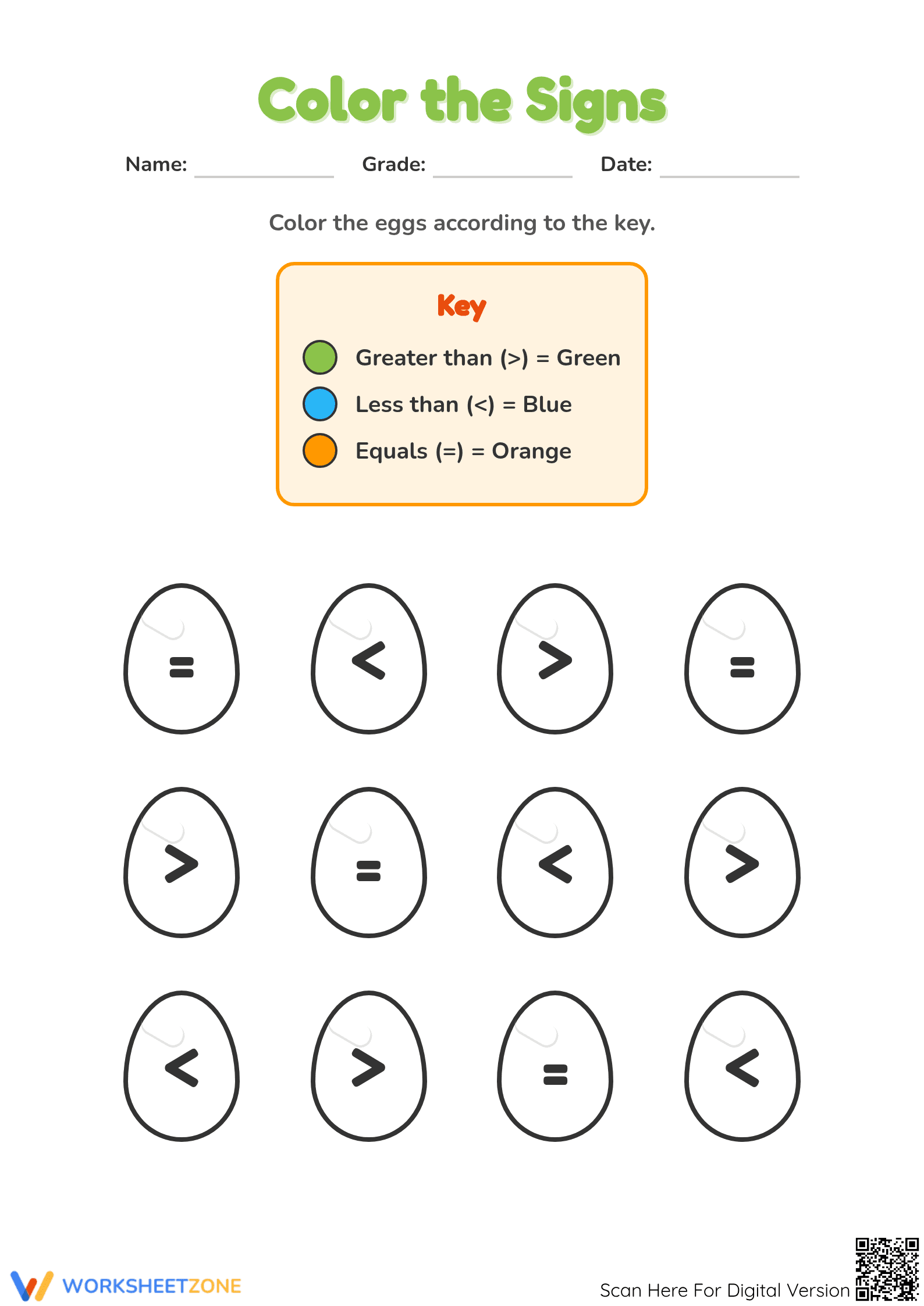 Printable Greater Than Less Than Symbols Math Worksheet - Page 1