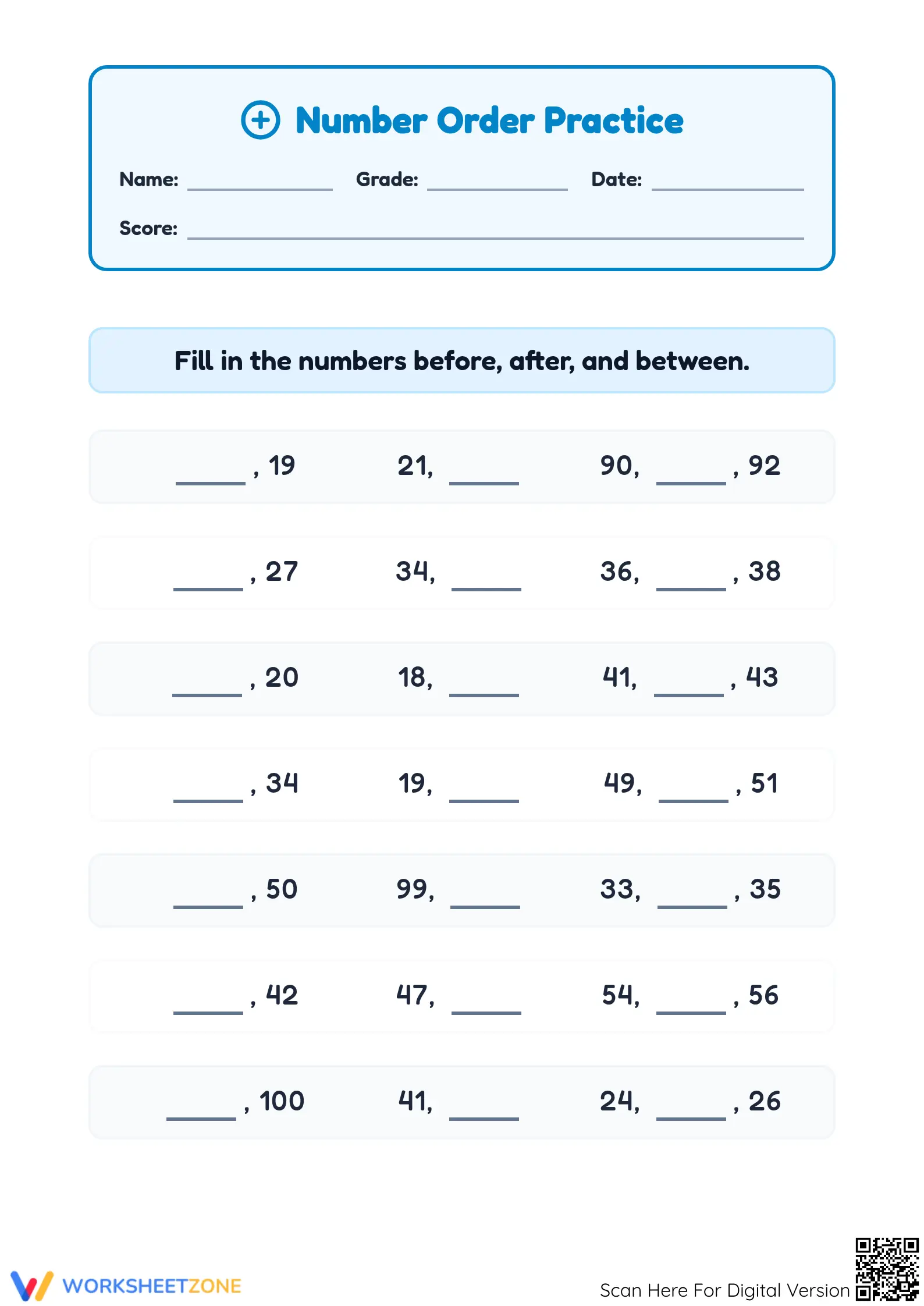 Printable Number Order Practice: Before, After, Between - Page 1