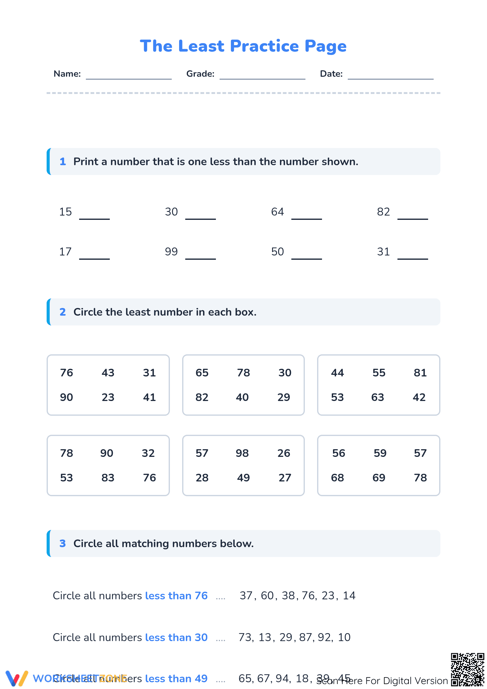 Essential Grade 2 Math: Comparison and Least Number Page - Page 1