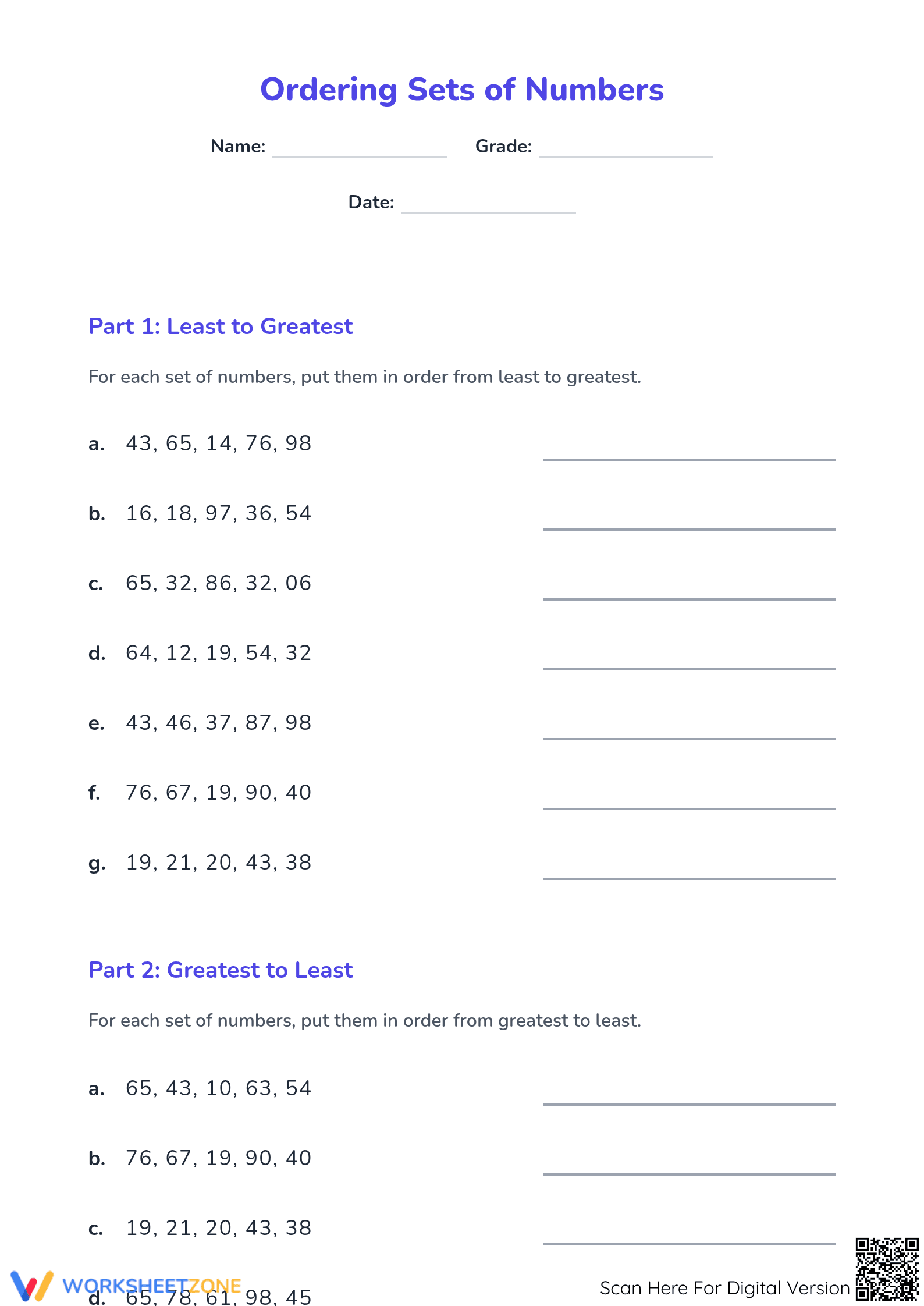 Printable Ordering Sets of Numbers Worksheet | Grade 2 Math - Page 1
