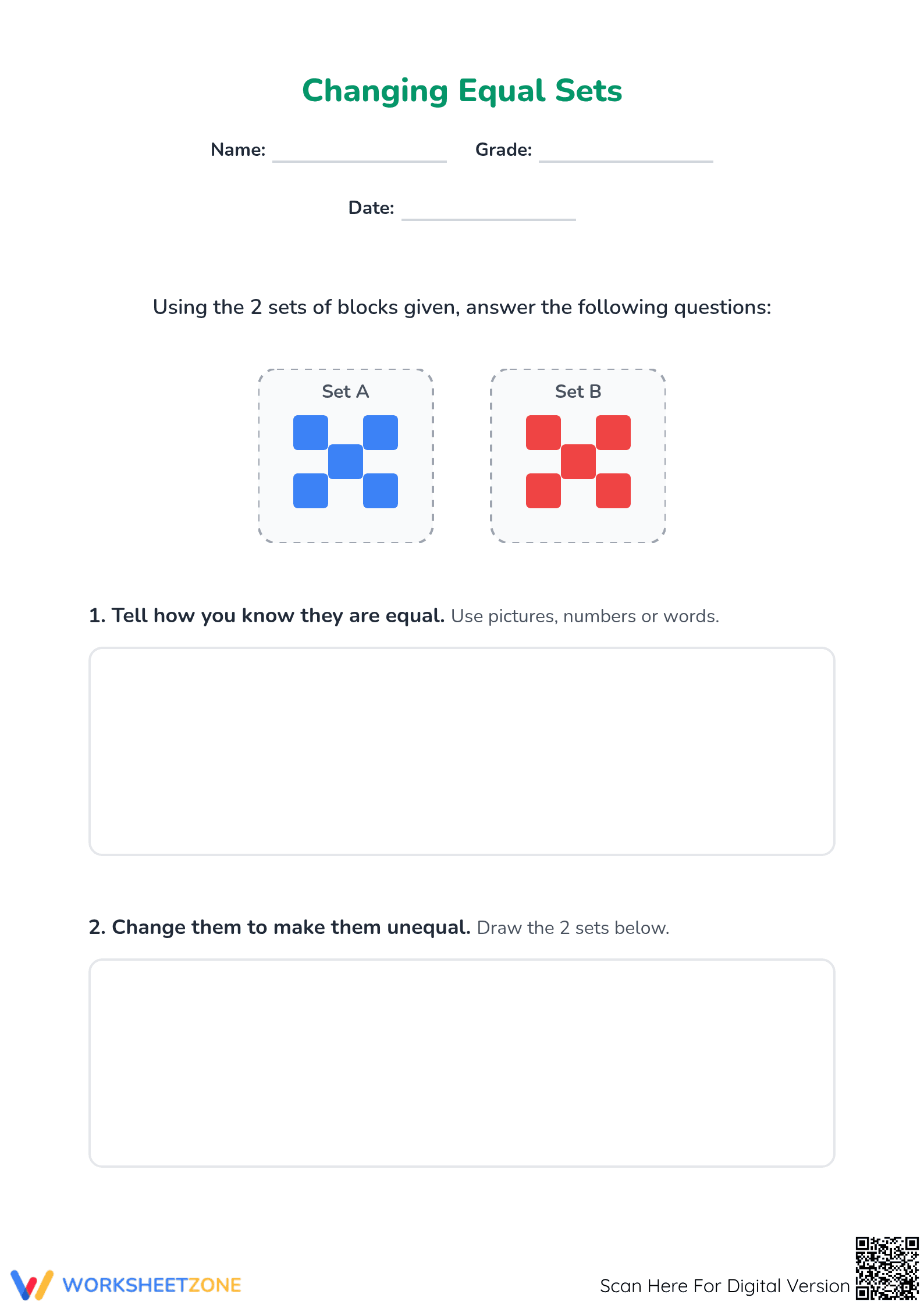 Changing Equal Sets Worksheet — Grade 1 Printable Math - Page 1