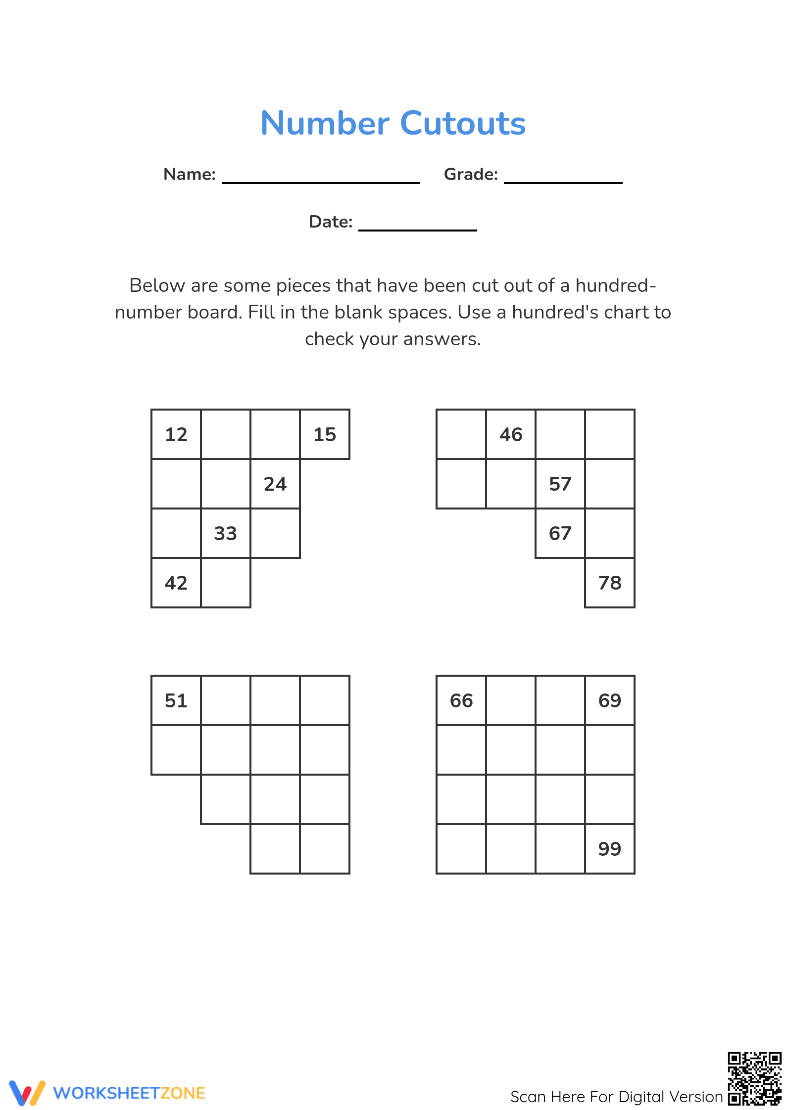 Printable Number Cutouts Hundred Chart Worksheet | Grade 2 - Page 1