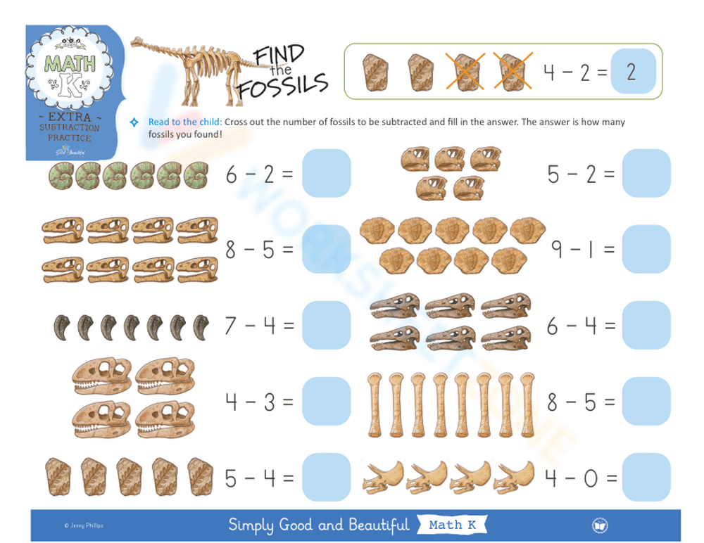 Fossil Subtraction Worksheet for Beginners - Page 1