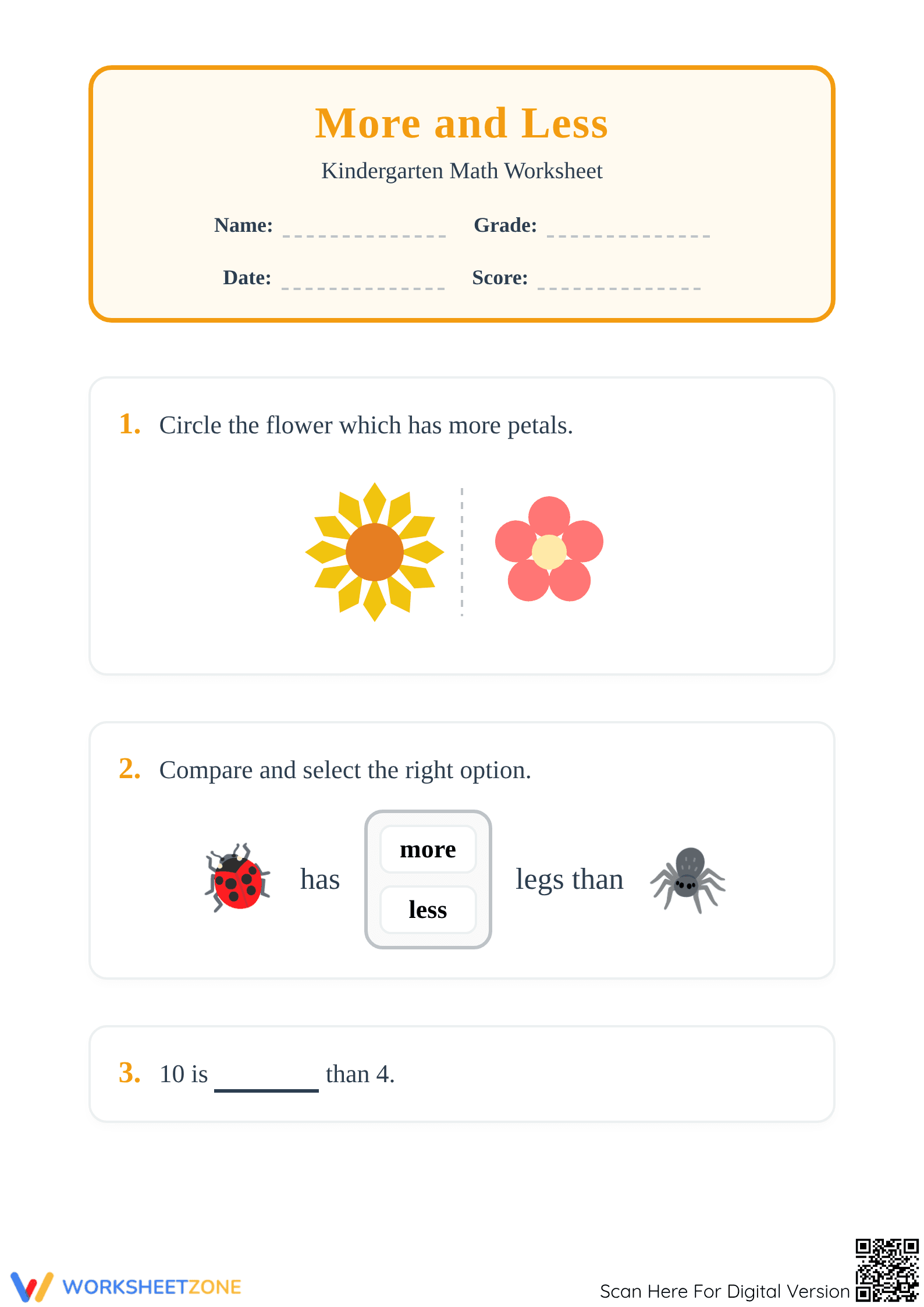 Grade K More or Less Comparison: Essential No-Prep Math Worksheet - Page 1