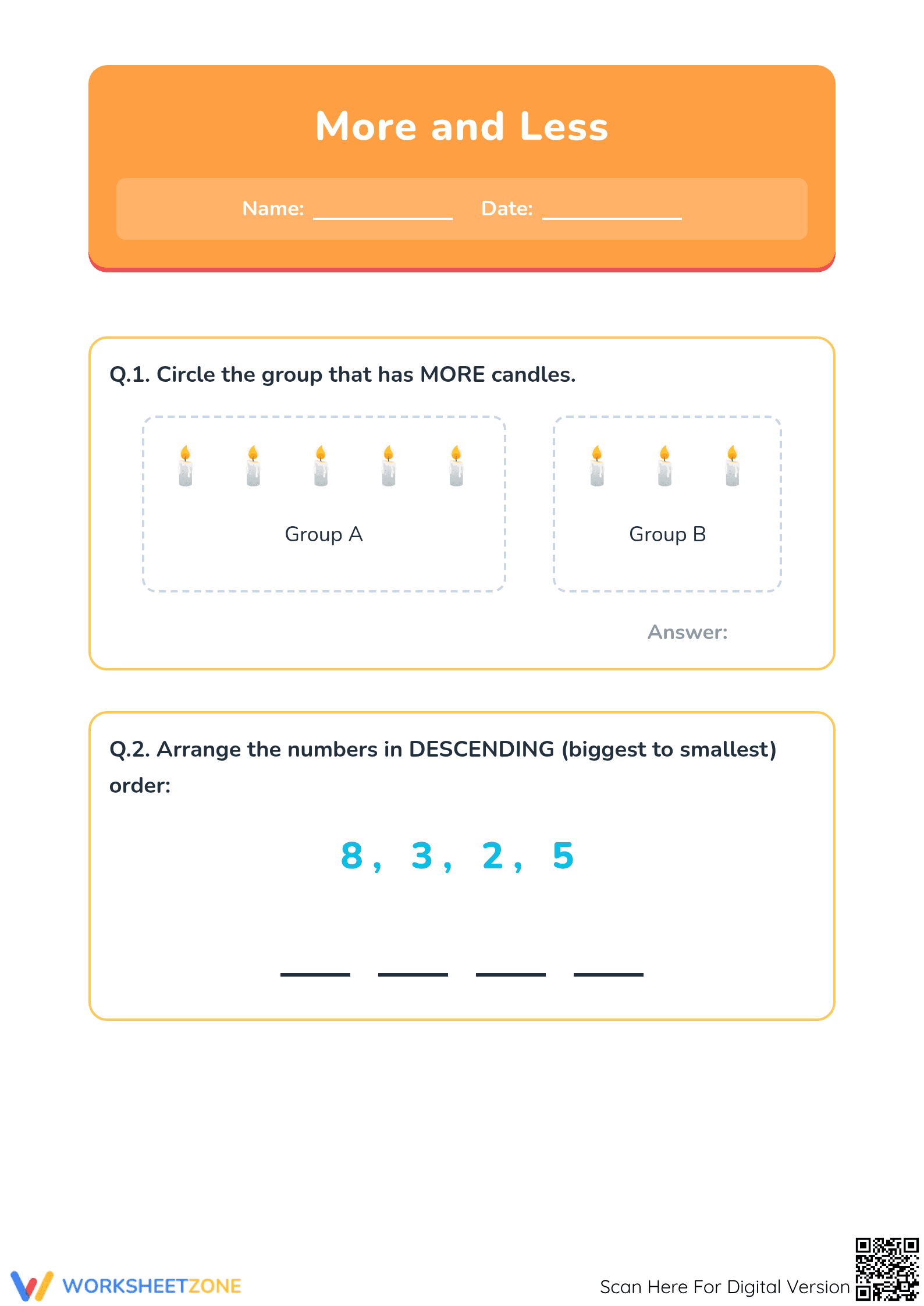 Essential More or Less Worksheet — Grade K Printable - Page 1